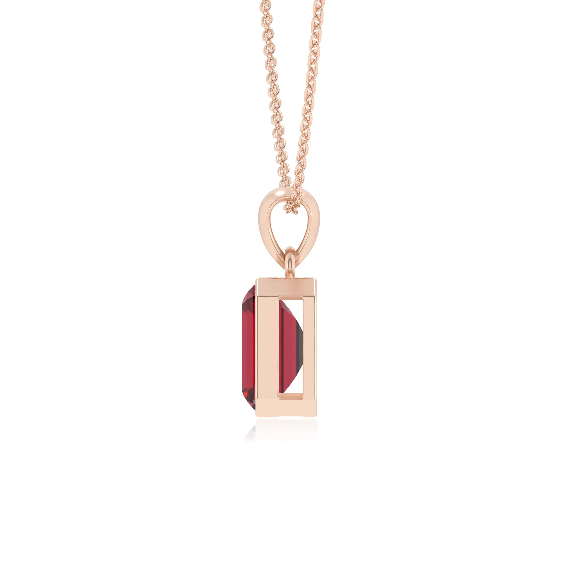 lab grown ruby emerald cut solitaire necklaces in rose gold