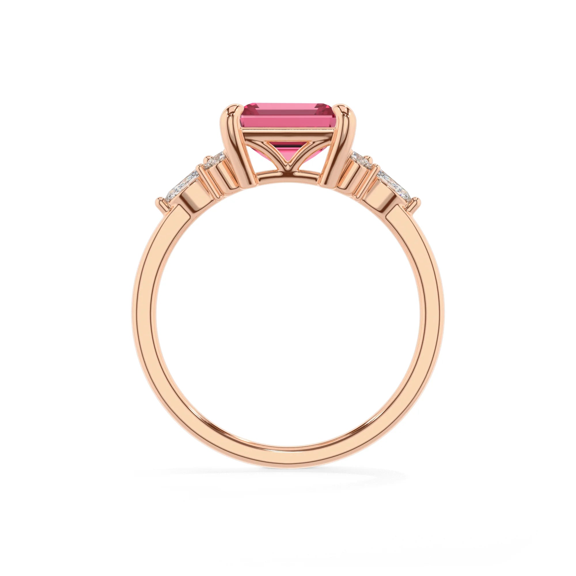 lab grown pink-tourmaline emerald cut solitaire rings in rose gold