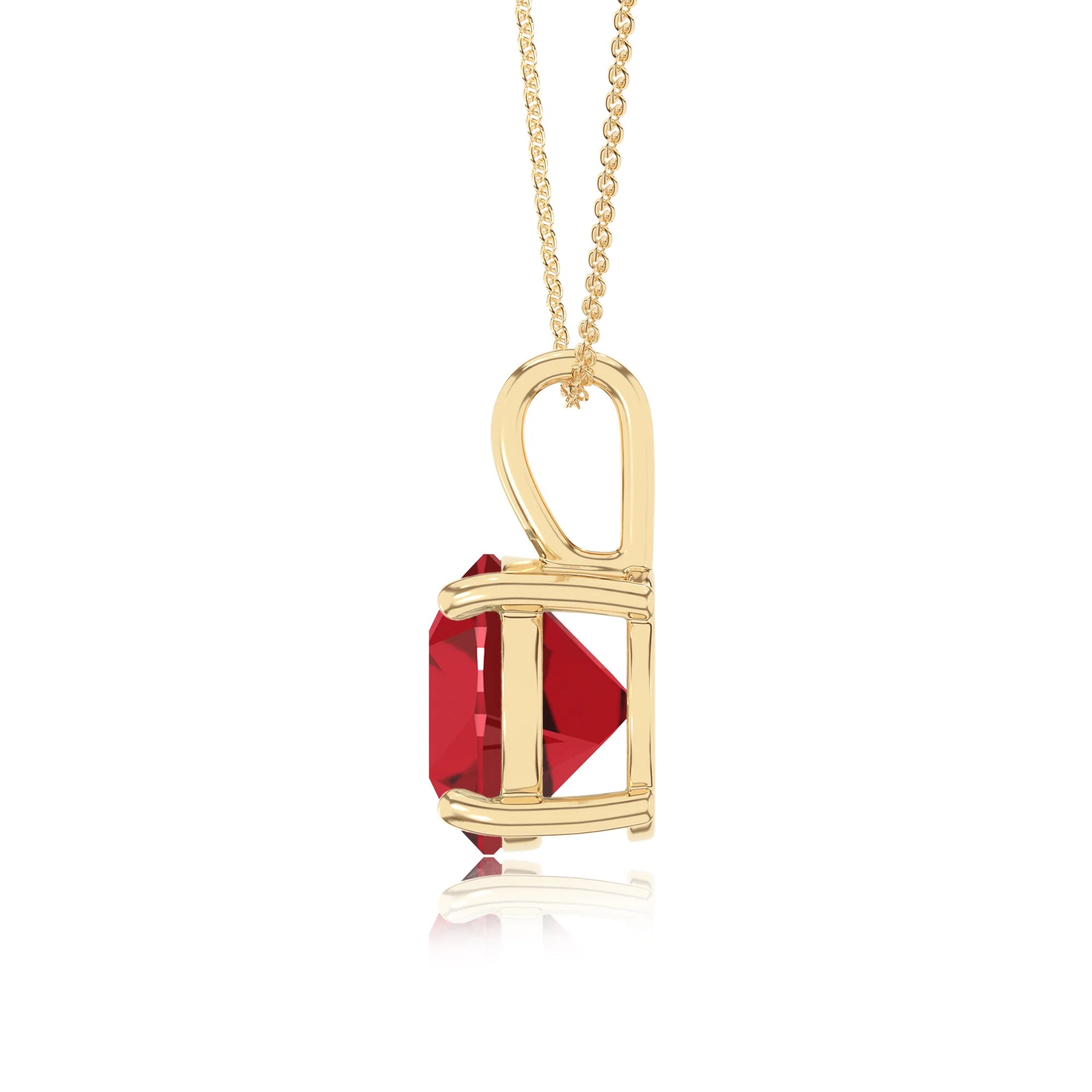 lab grown ruby round solitaire necklaces in yellow gold