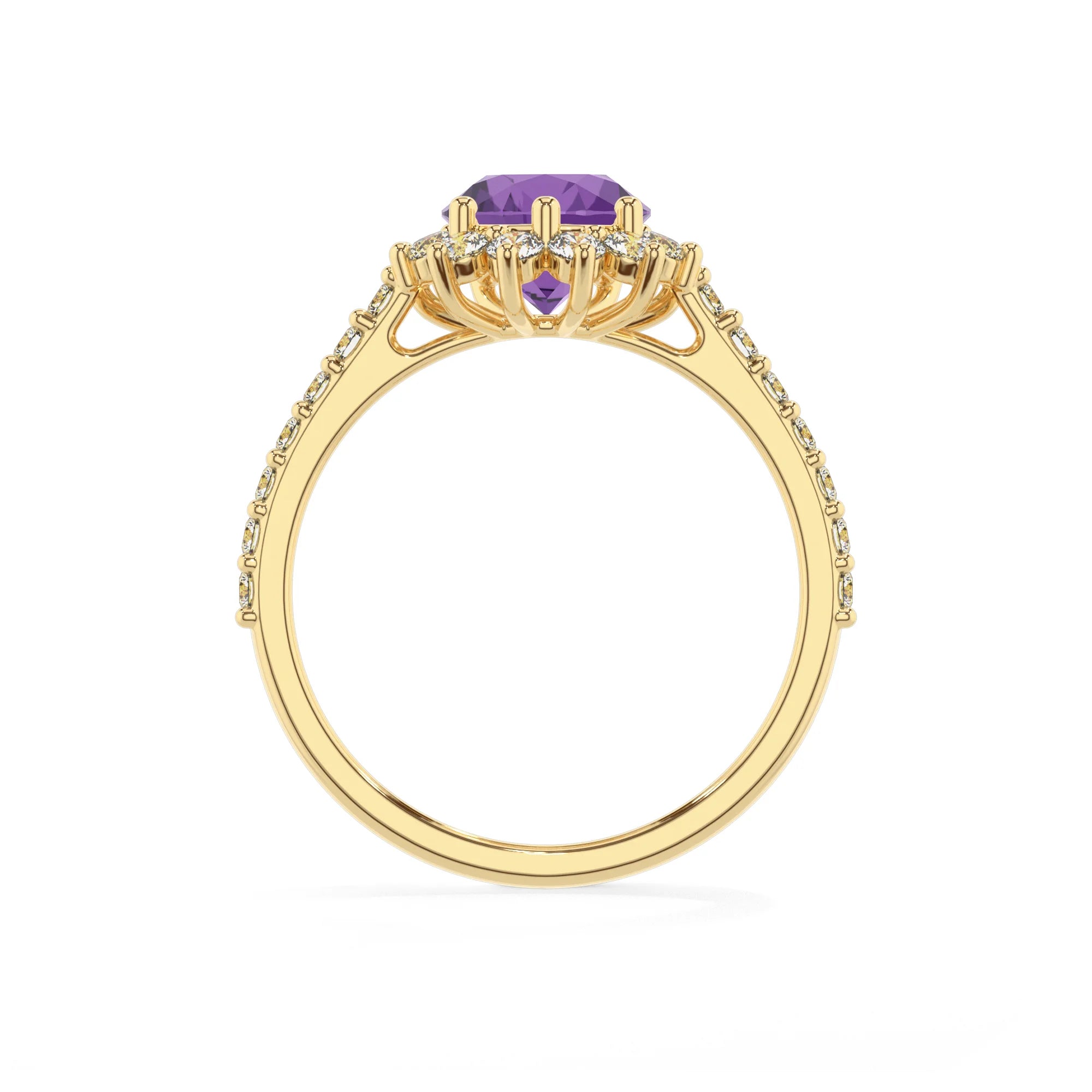lab grown amethyst pear solitaire rings in yellow gold