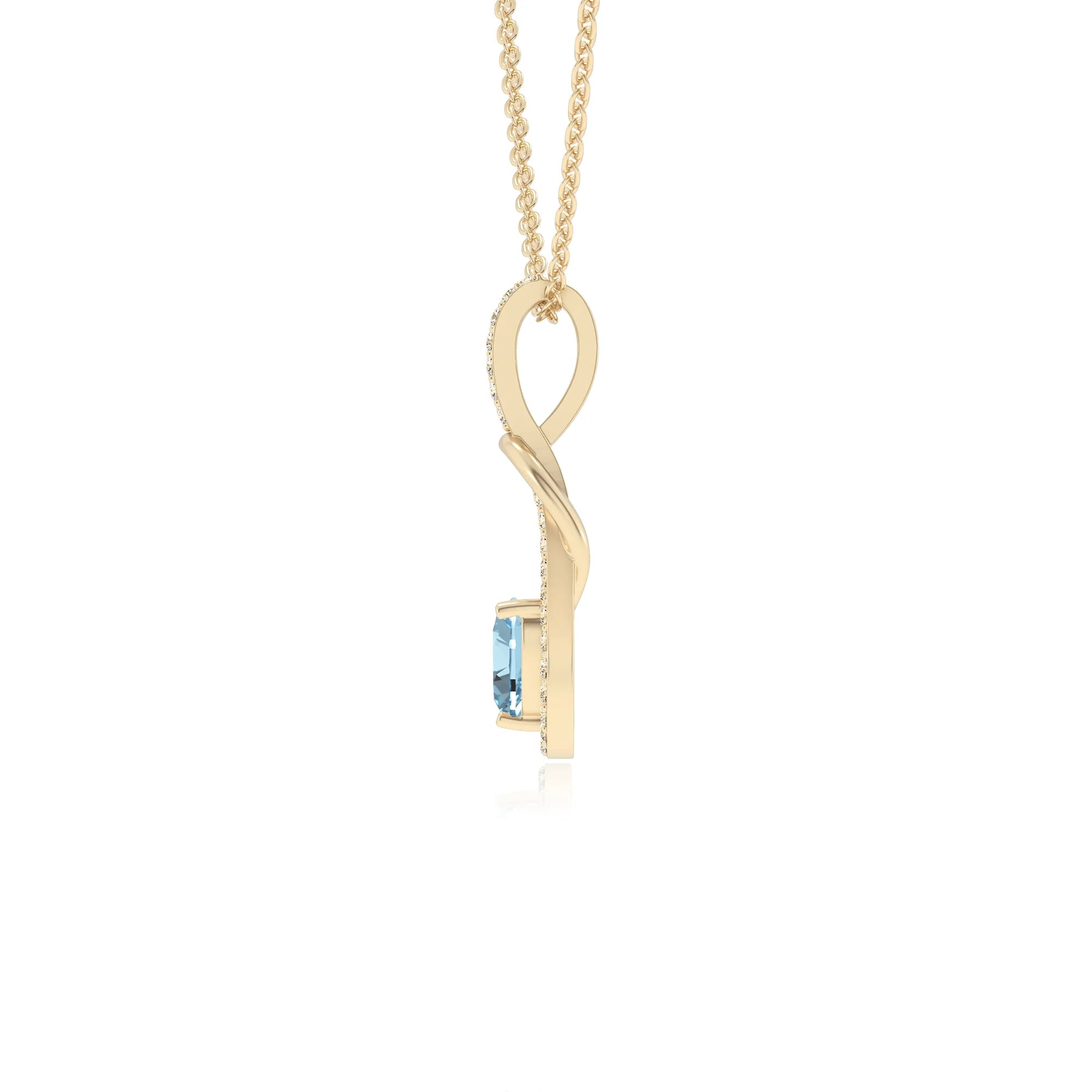 lab grown aquamarine heart infinity v-bale necklaces in yellow gold