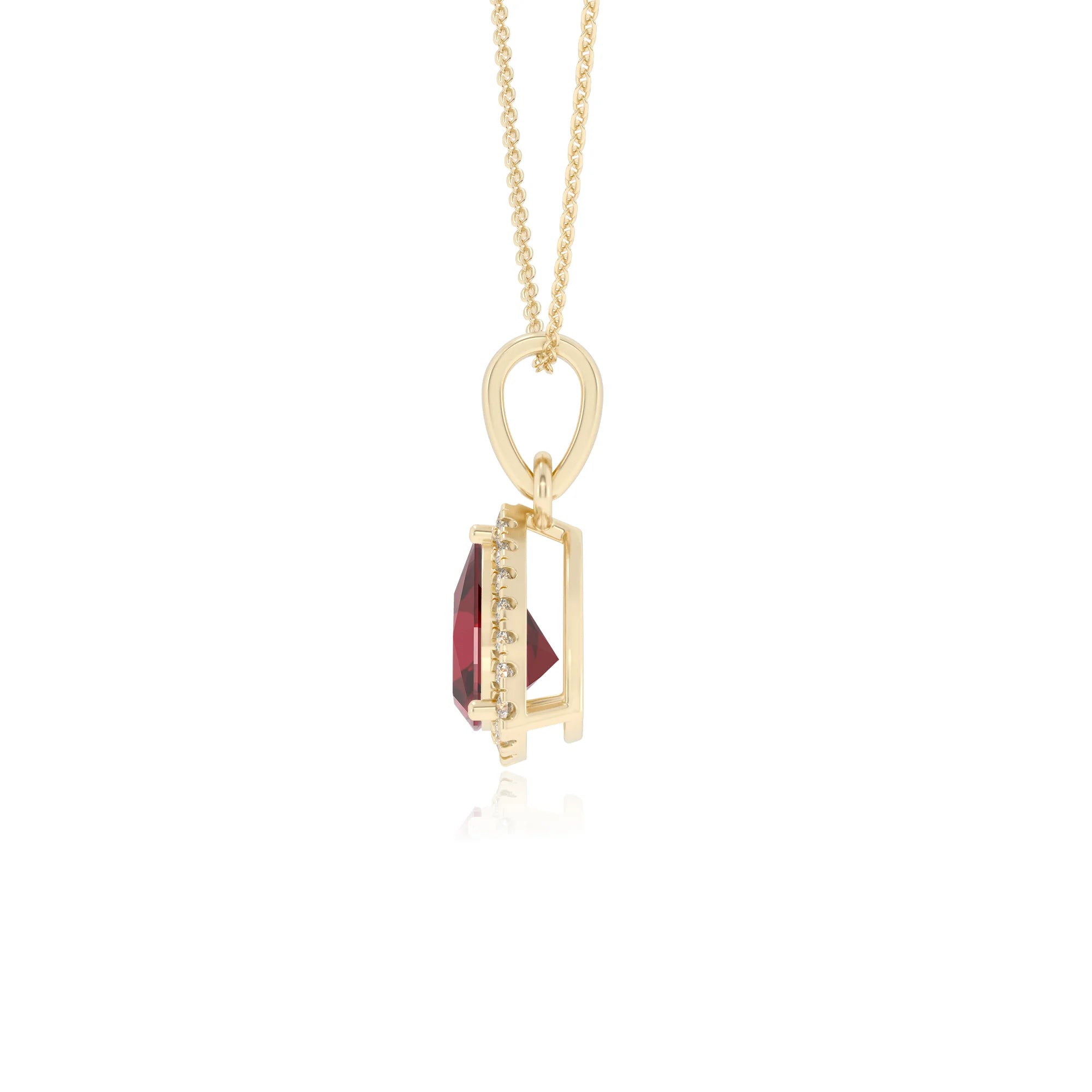 lab grown ruby trillion solitaire necklaces in yellow gold