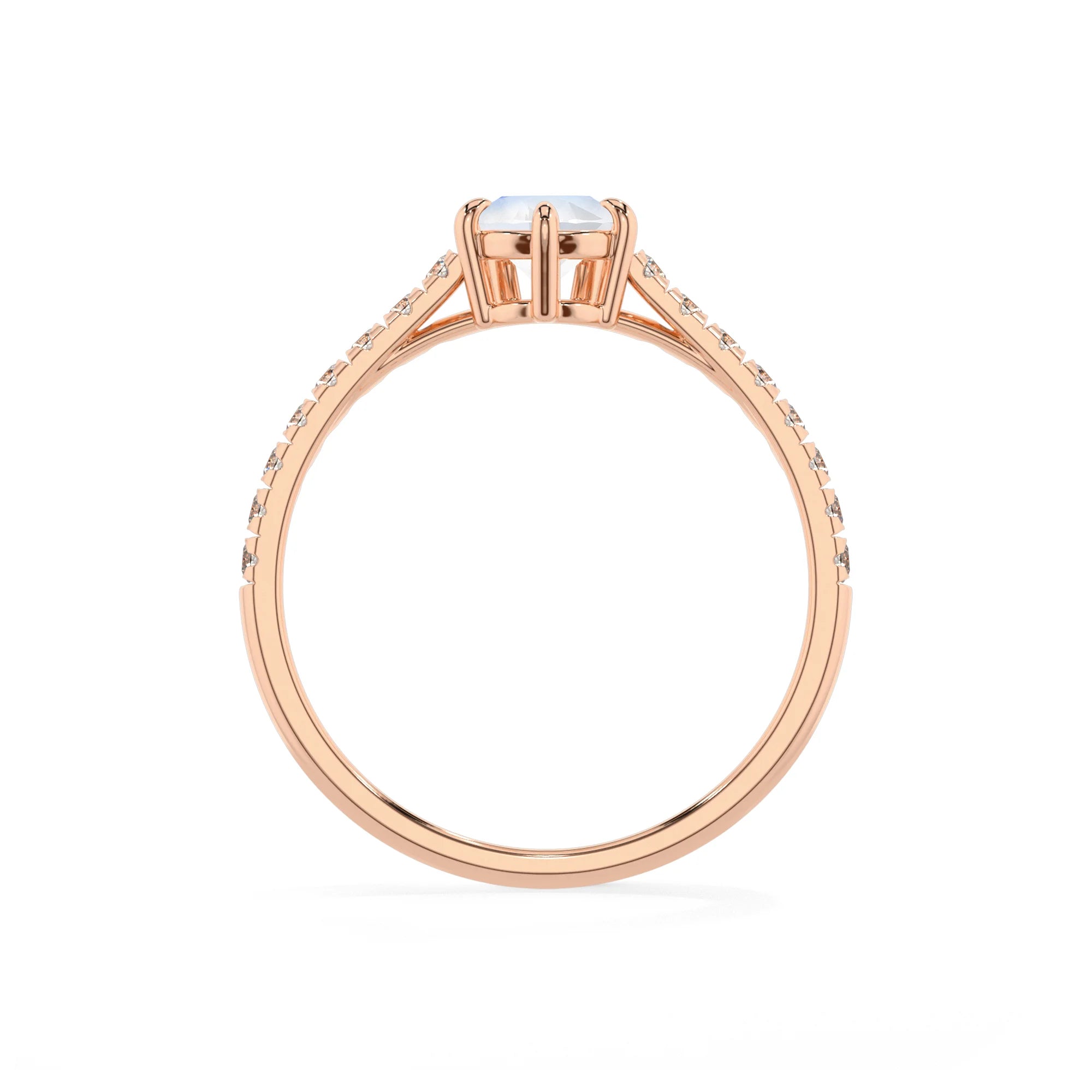 natural rainbow-moonstone pear half eternity solitaire engagement rings in rose gold