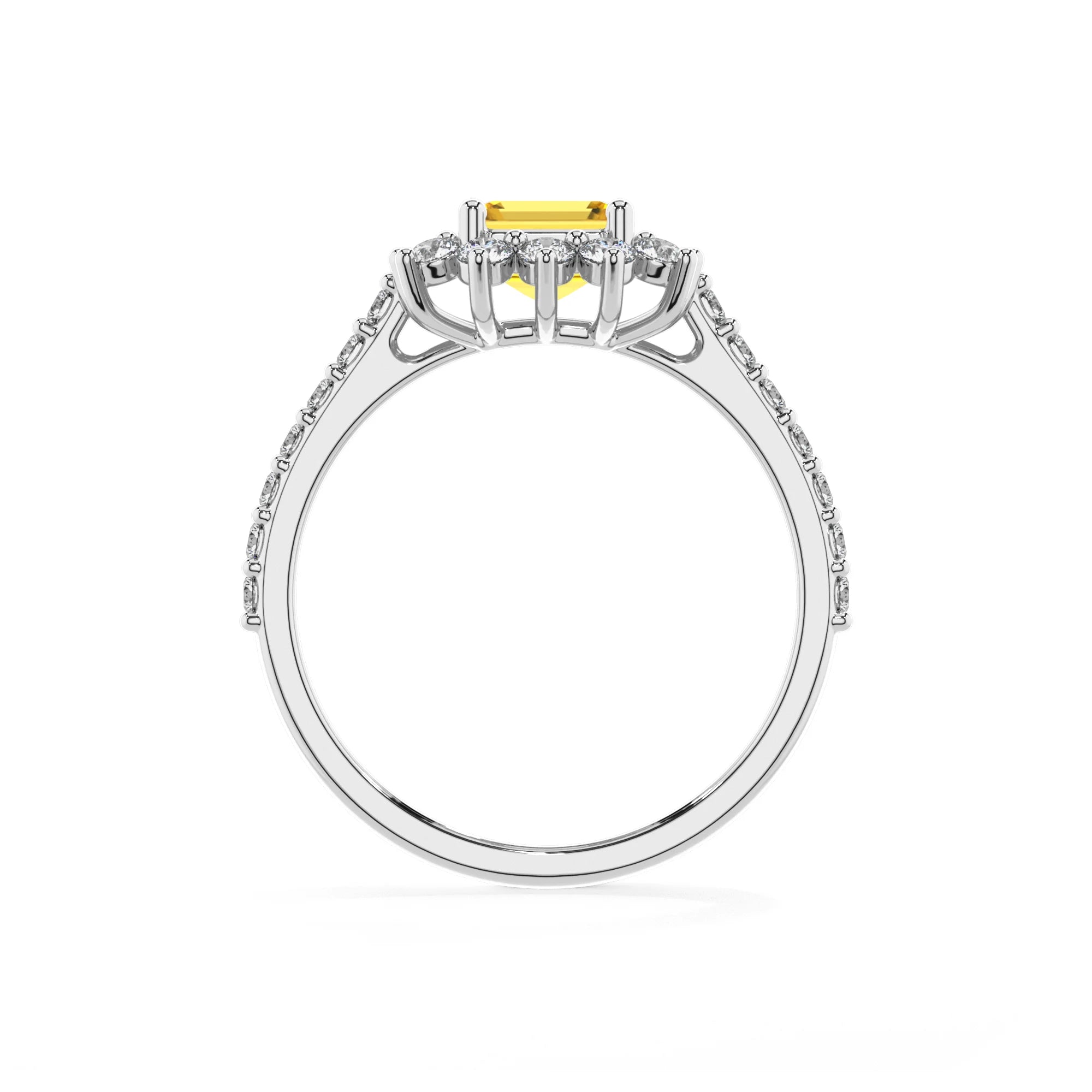 lab grown yellow-sapphire emerald cut solitaire rings in sterling silver