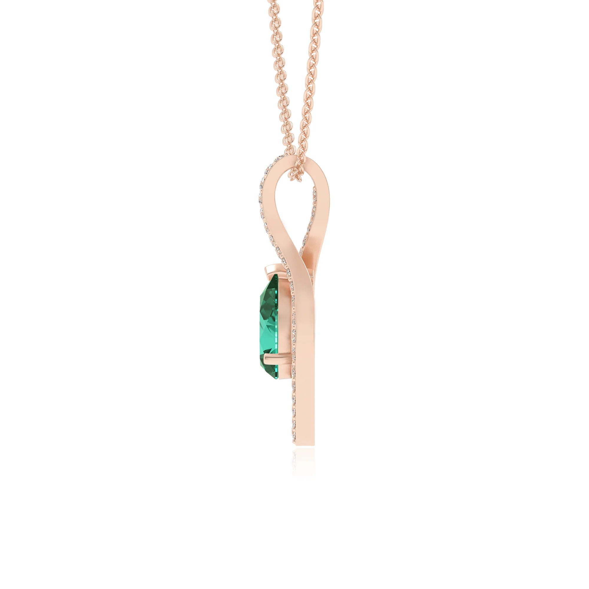 lab grown emerald pear infinity necklaces in rose gold