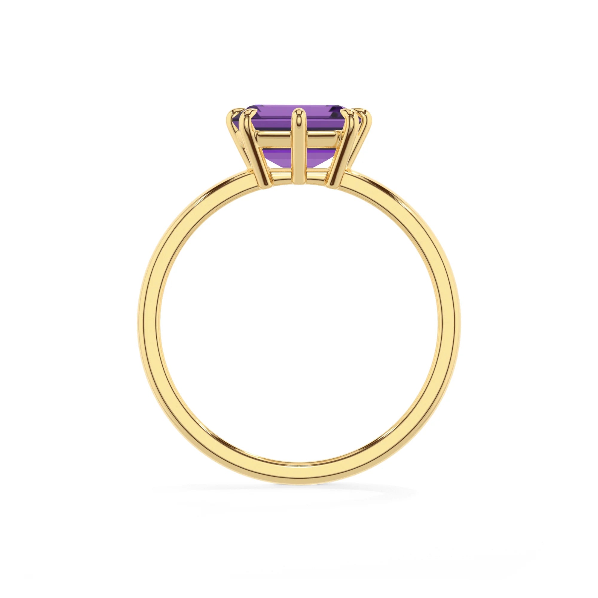 lab grown amethyst emerald cut solitaire rings in yellow gold