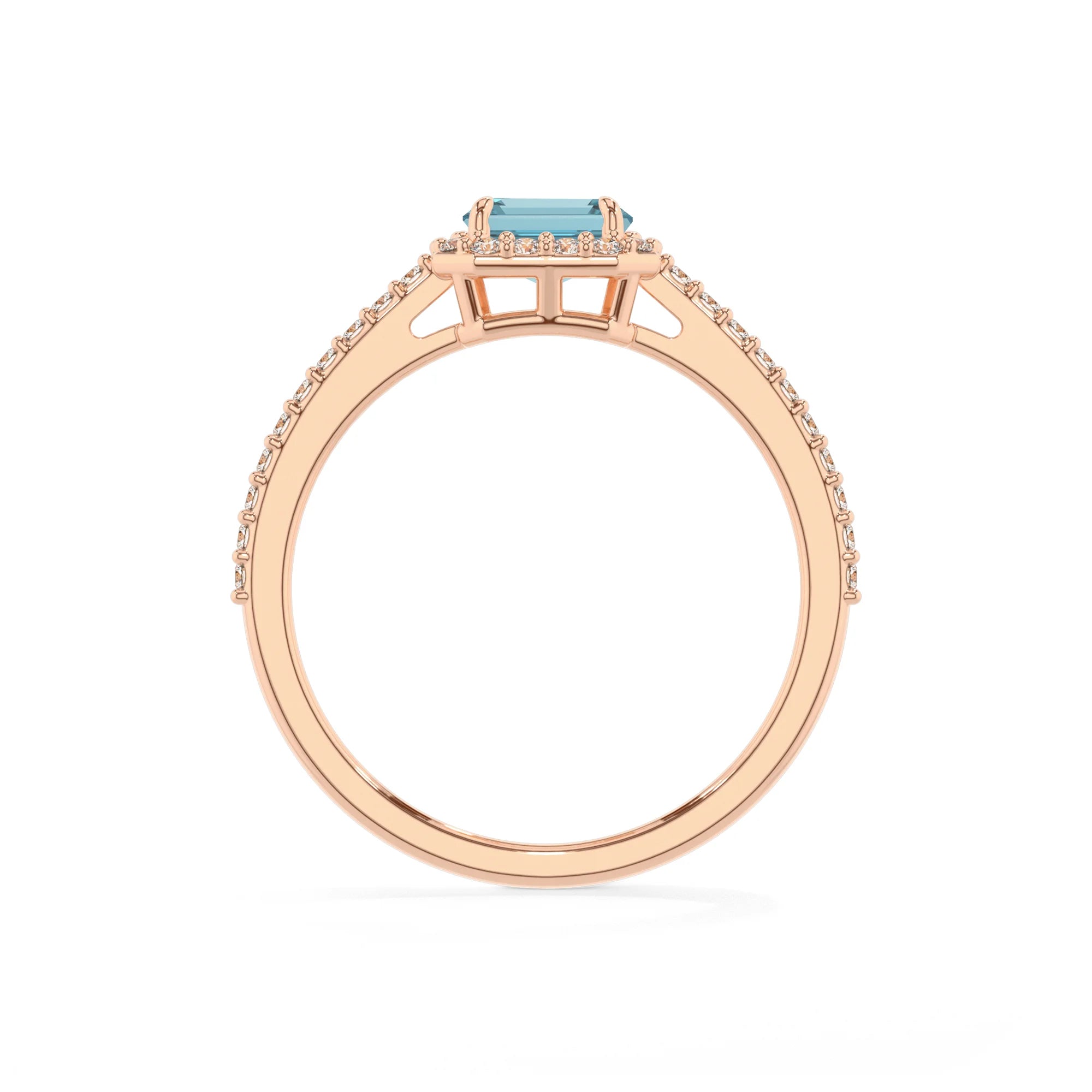 lab grown aquamarine emerald cut solitaire rings in rose gold