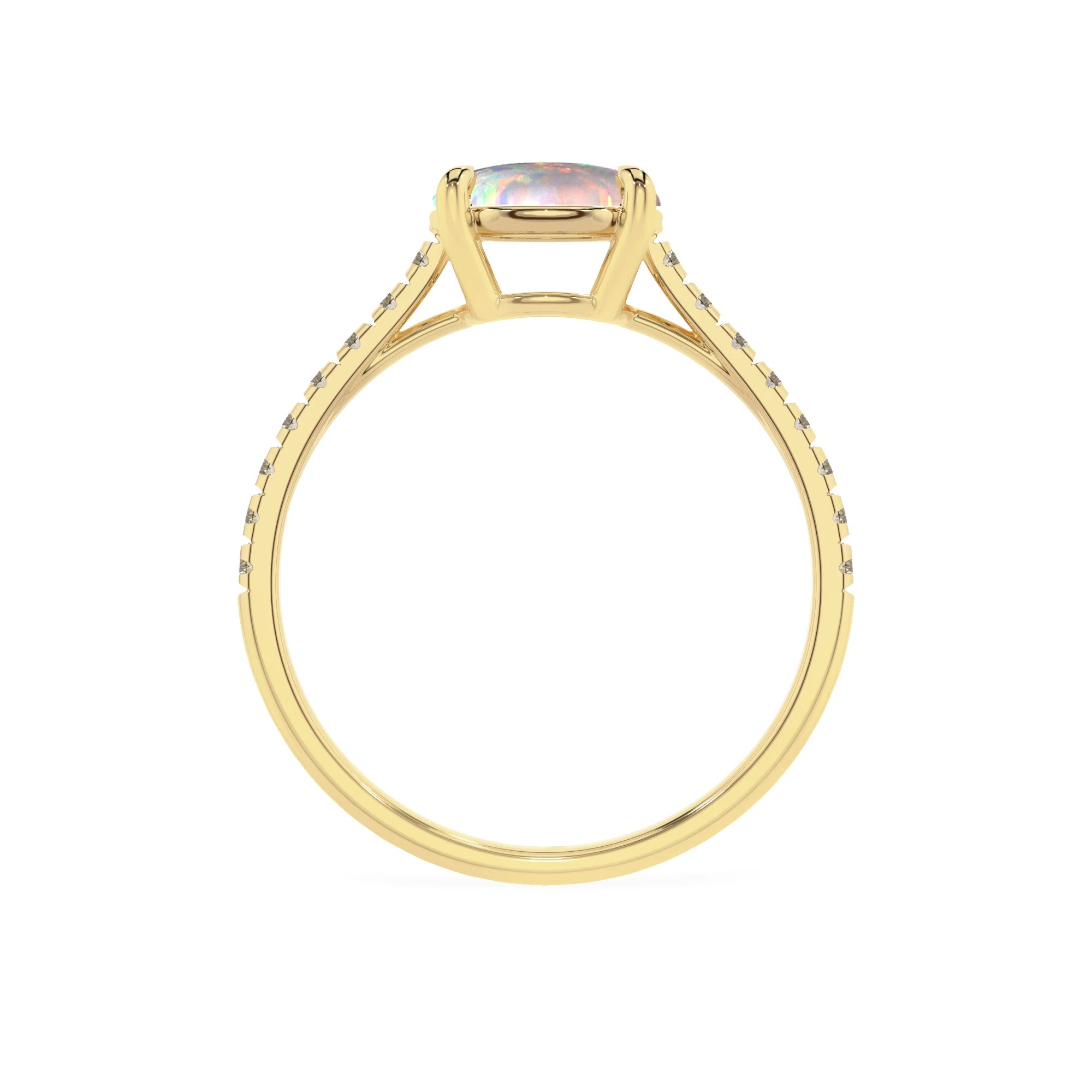 lab grown opal round half eternity solitaire engagement rings in yellow gold