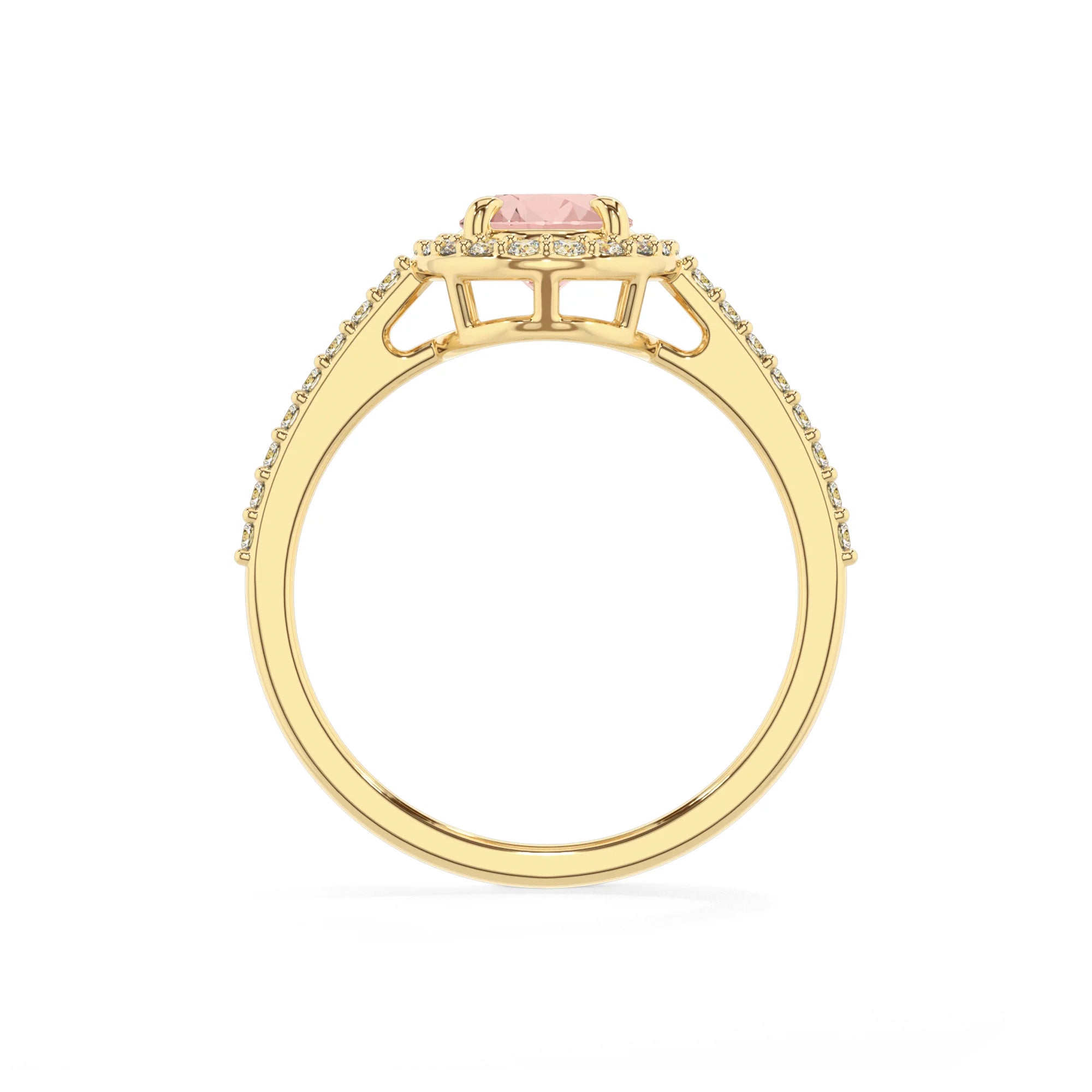 lab grown morganite oval solitaire rings in yellow gold