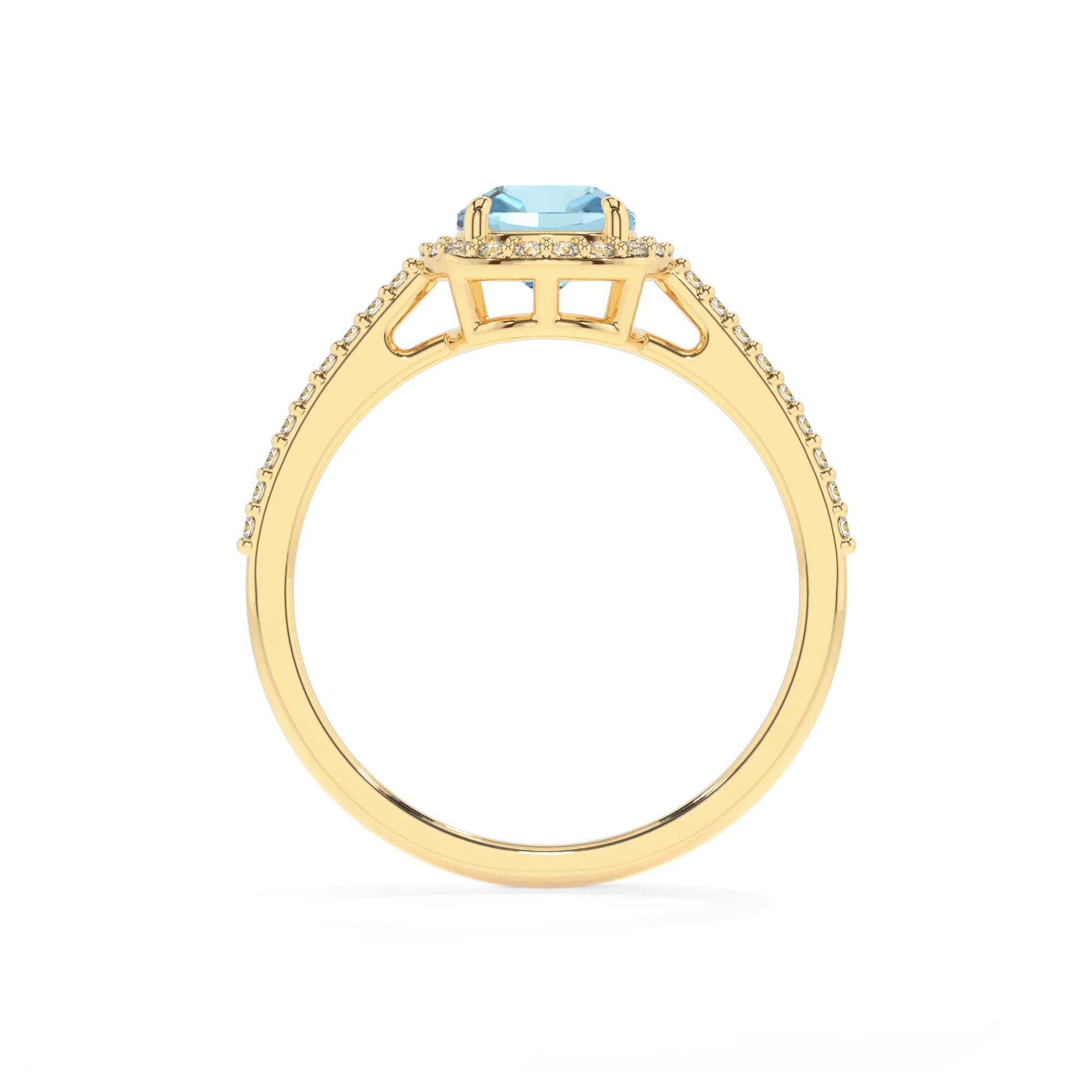 lab grown aquamarine cushion solitaire rings in yellow gold