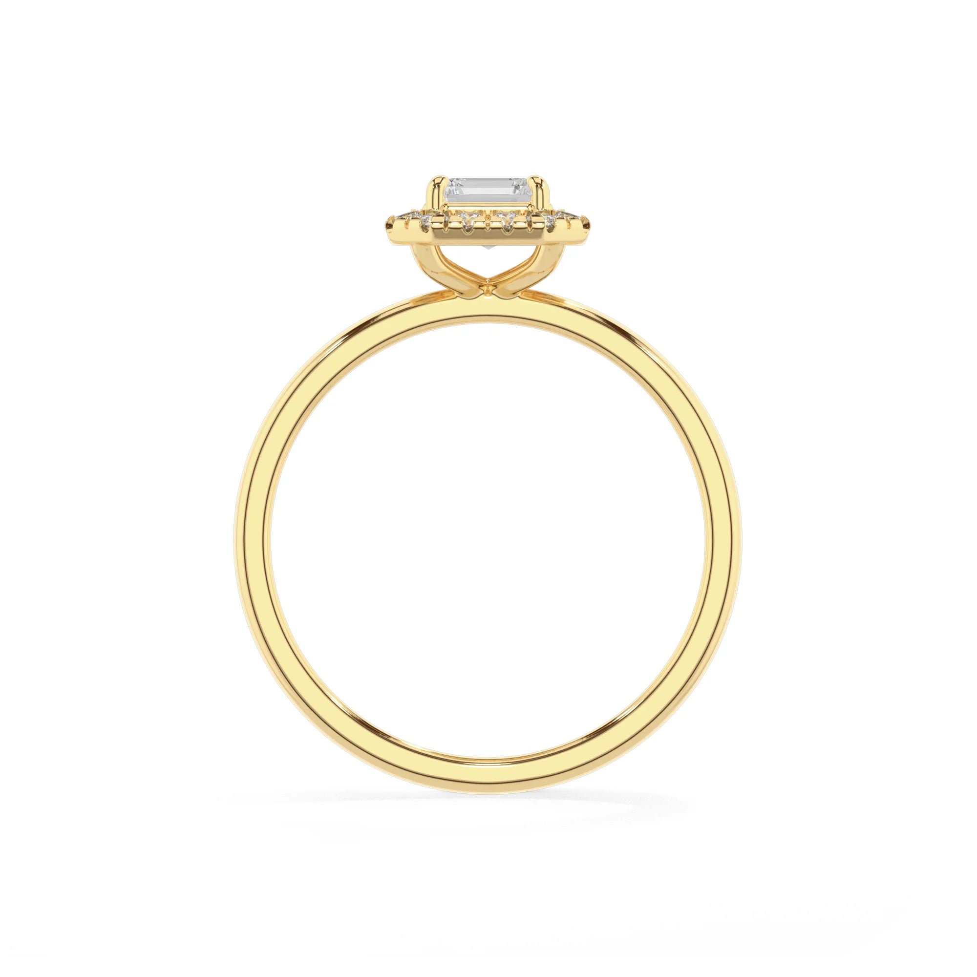 lab grown moissanite emerald cut solitaire rings in yellow gold
