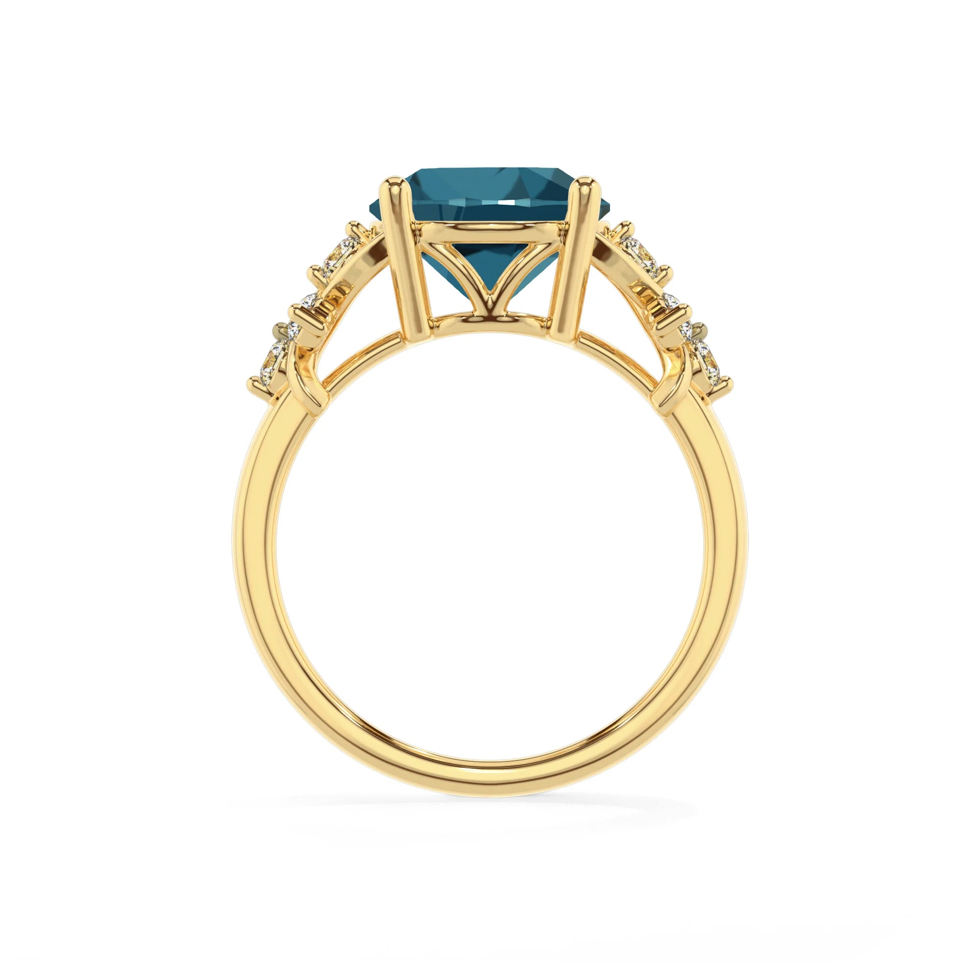 natural london-blue-topaz round solitaire rings in yellow gold