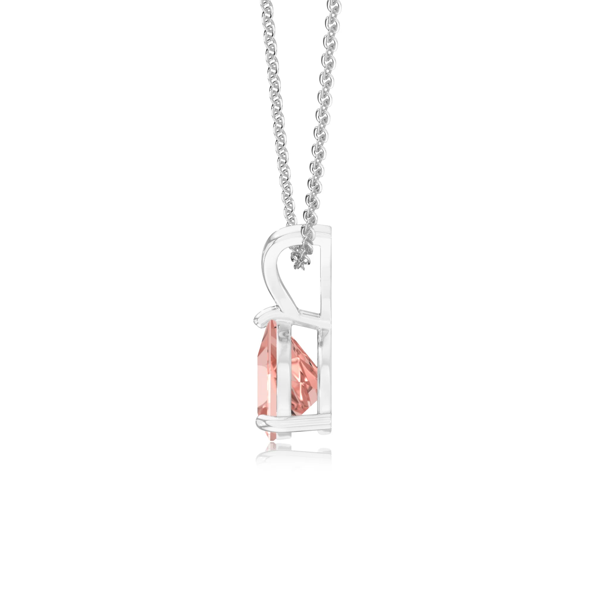 lab grown morganite trillion solitaire v-bale necklaces in white gold