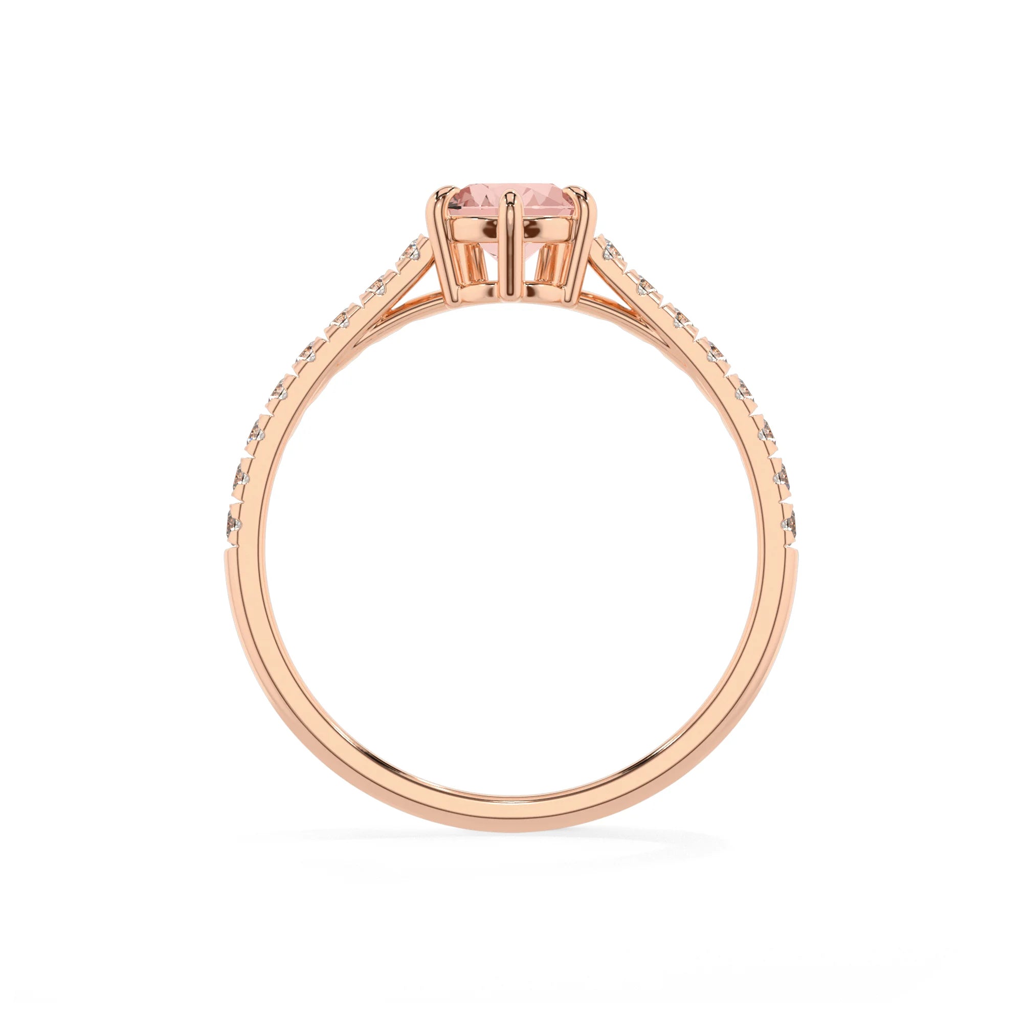 lab grown morganite pear half eternity solitaire engagement rings in rose gold