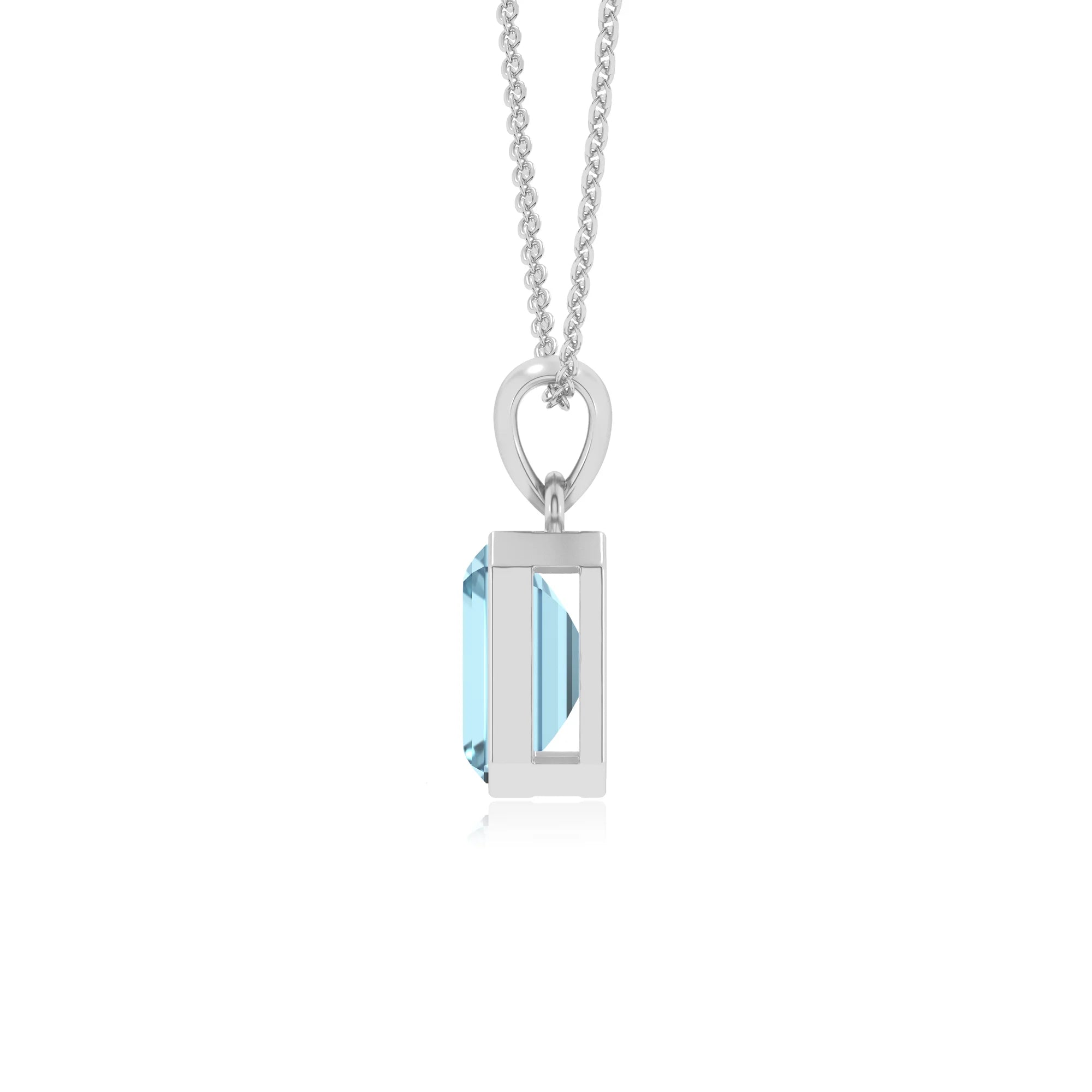 lab grown aquamarine emerald cut solitaire necklaces in sterling silver