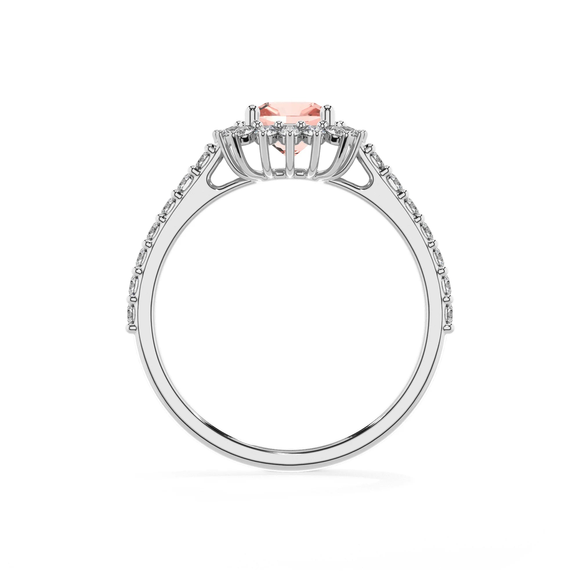 lab grown morganite cushion solitaire rings in sterling silver