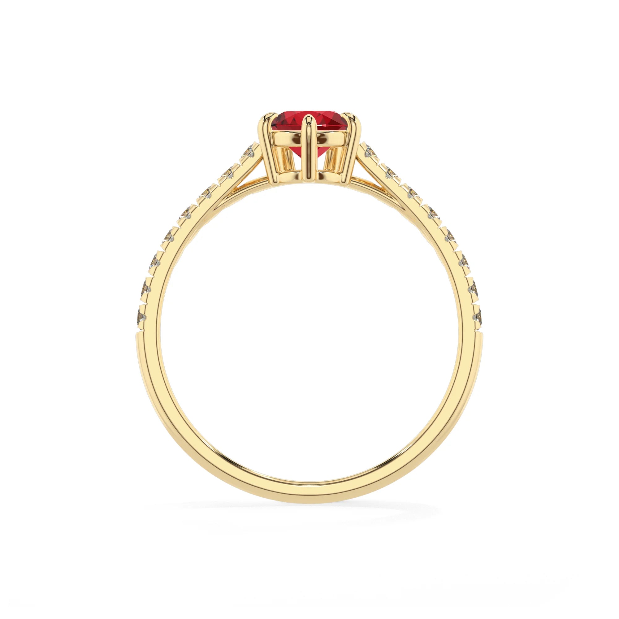 lab grown ruby pear half eternity solitaire engagement rings in yellow gold