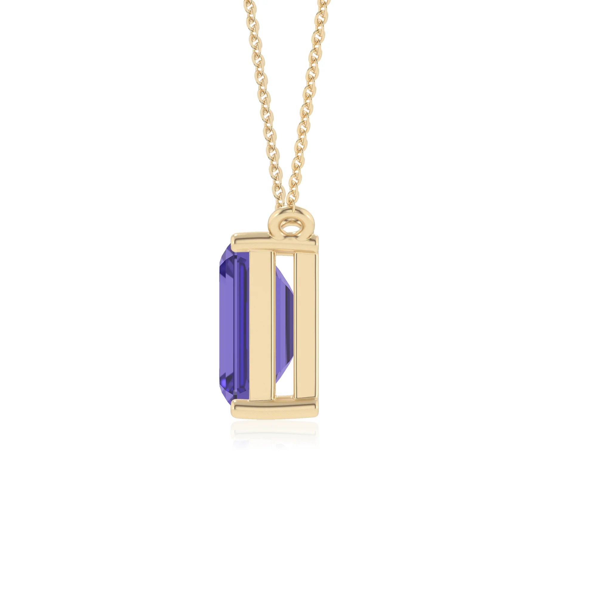 lab grown tanzanite emerald cut solitaire necklaces in yellow gold