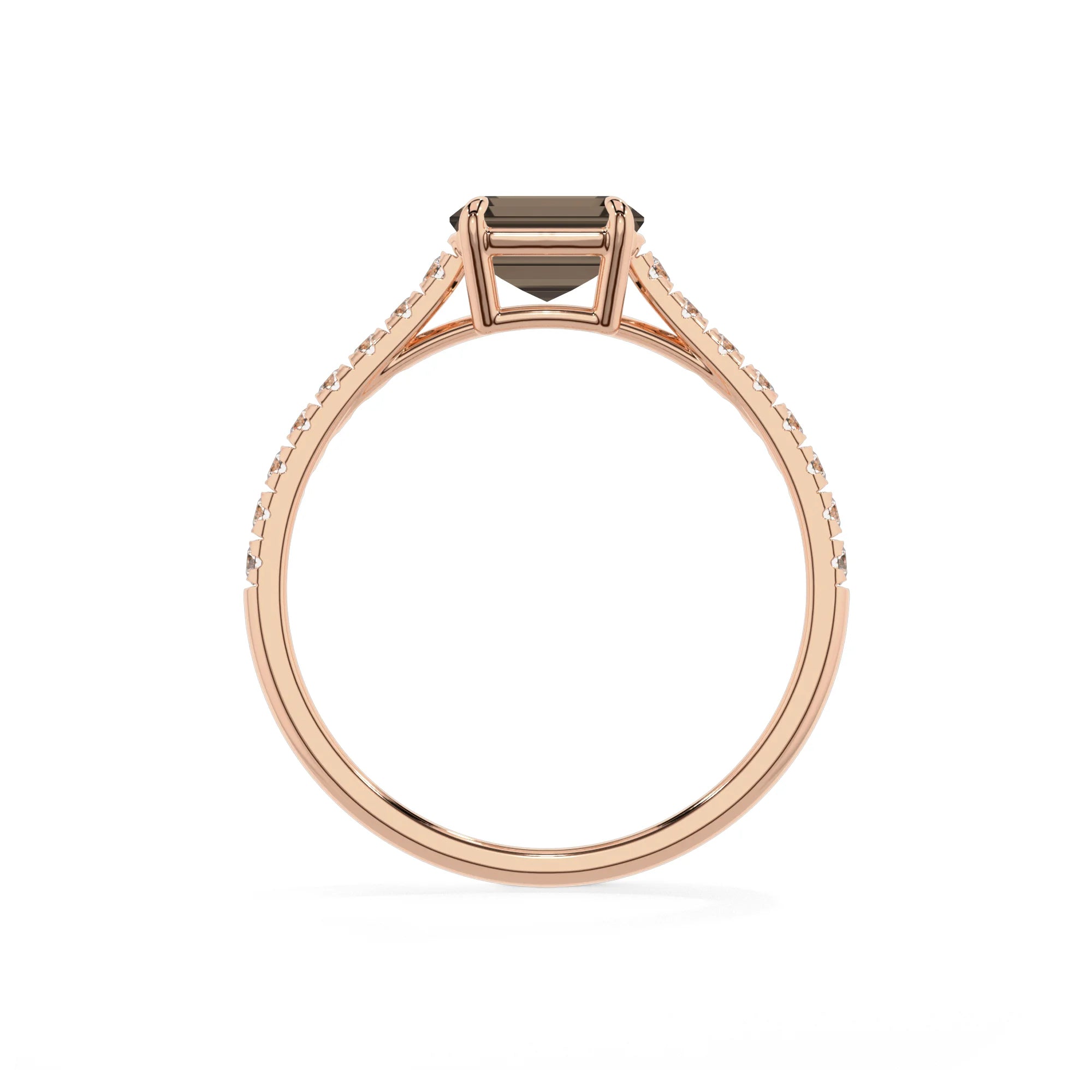 natural smoky-quartz emerald cut half eternity solitaire engagement rings in rose gold