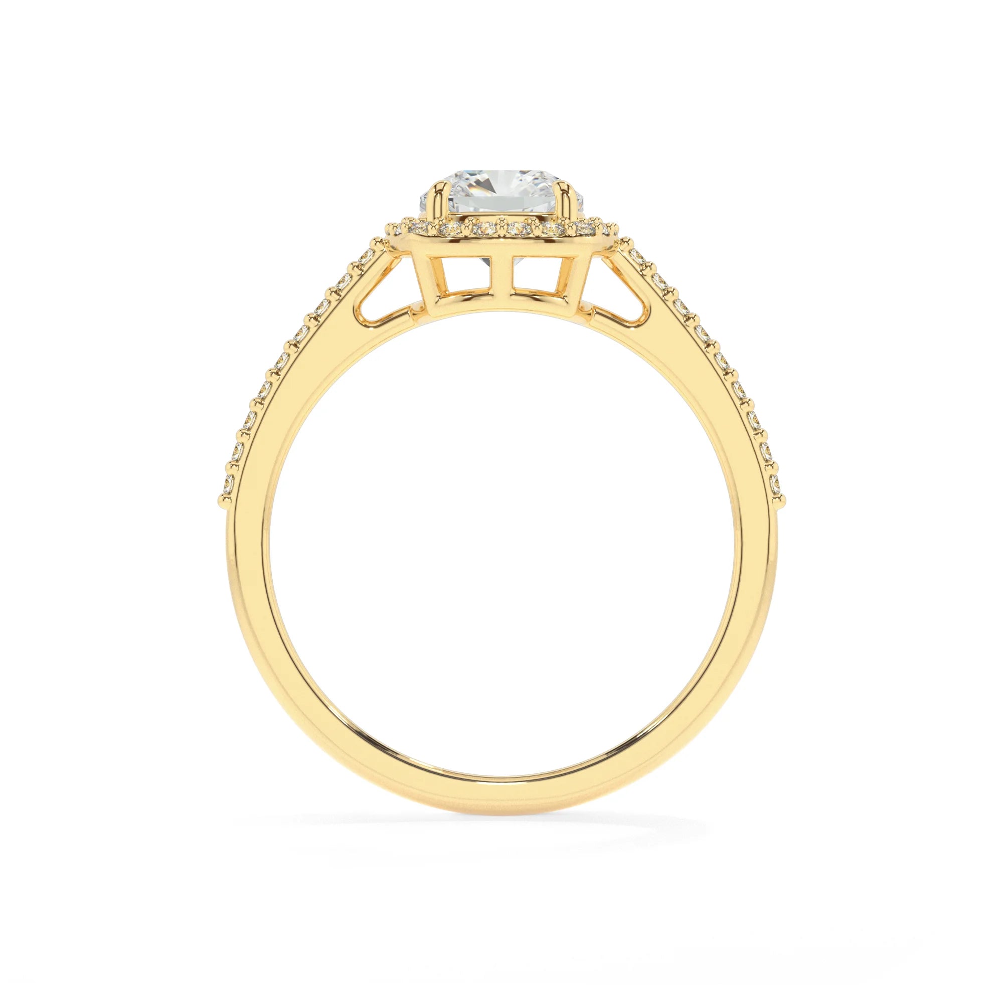 lab grown morganite cushion solitaire rings in yellow gold