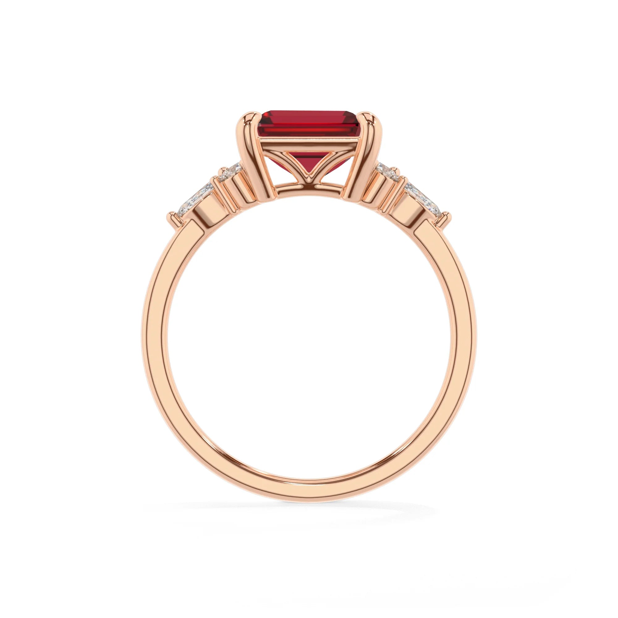 lab grown ruby emerald cut solitaire rings in rose gold