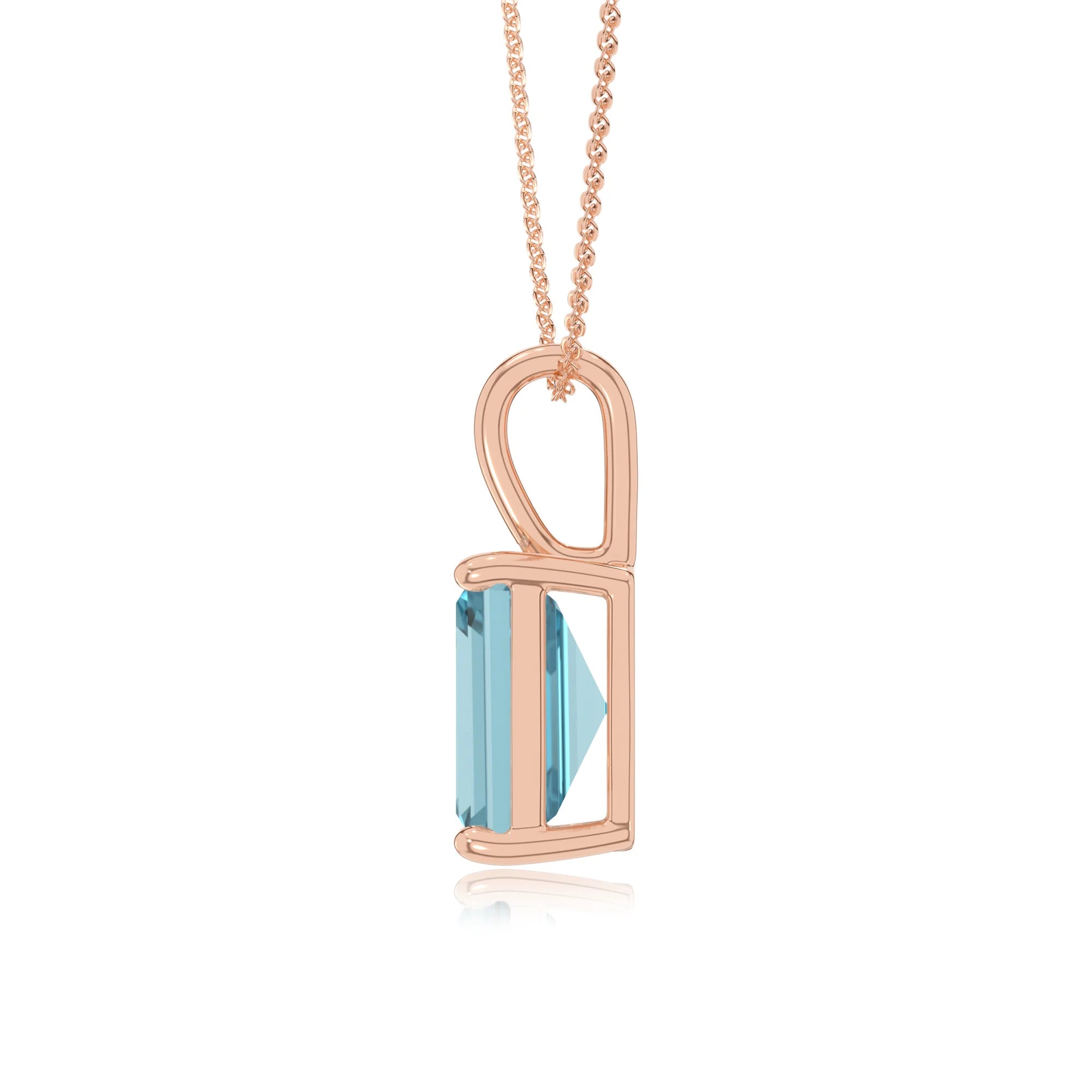 lab grown aquamarine emerald cut solitaire necklaces in rose gold