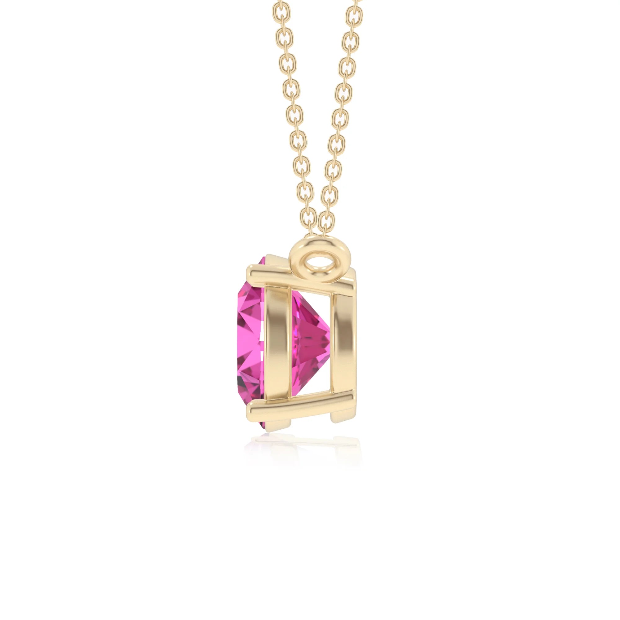 lab grown pink-sapphire round solitaire necklaces in yellow gold