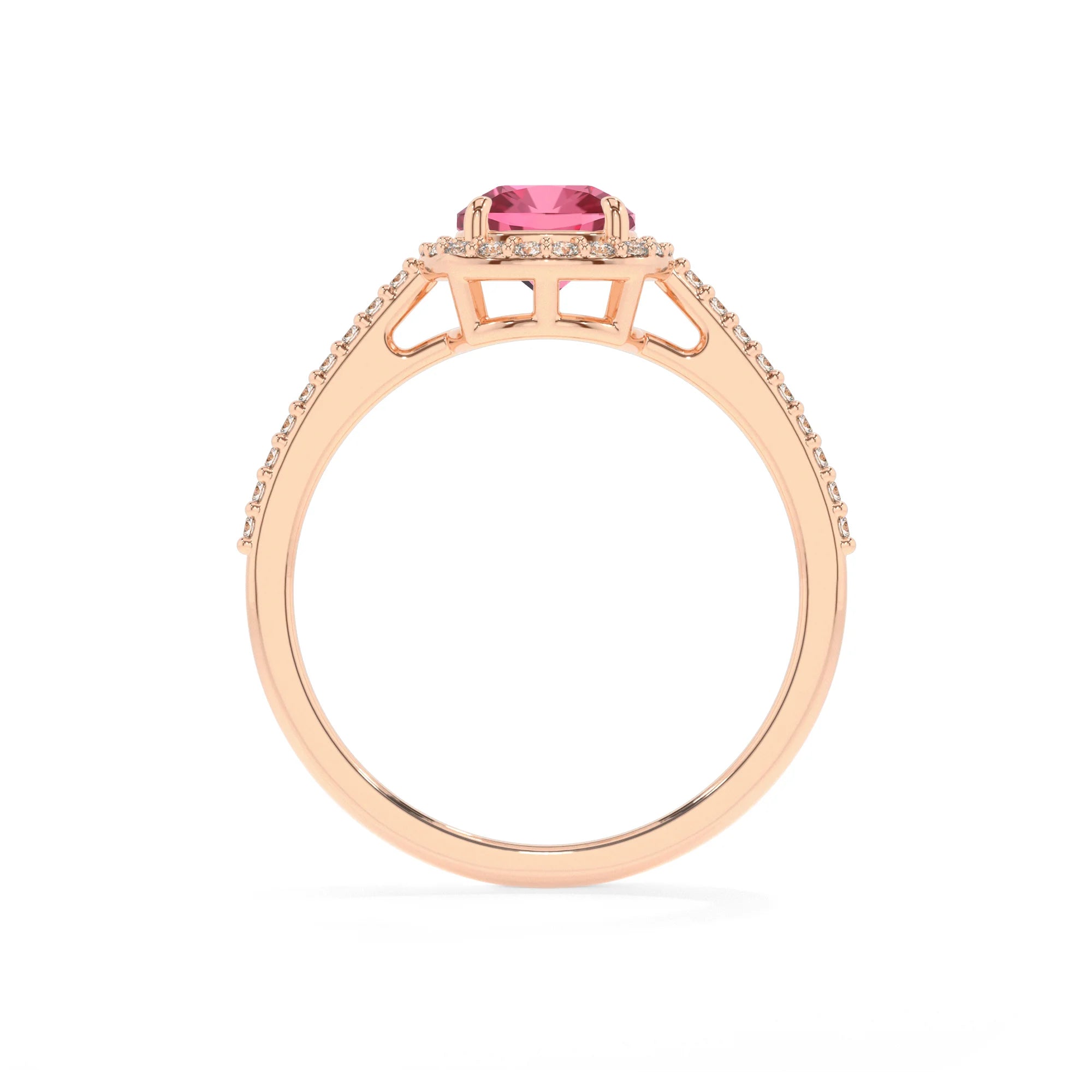 lab grown pink-tourmaline cushion solitaire rings in rose gold