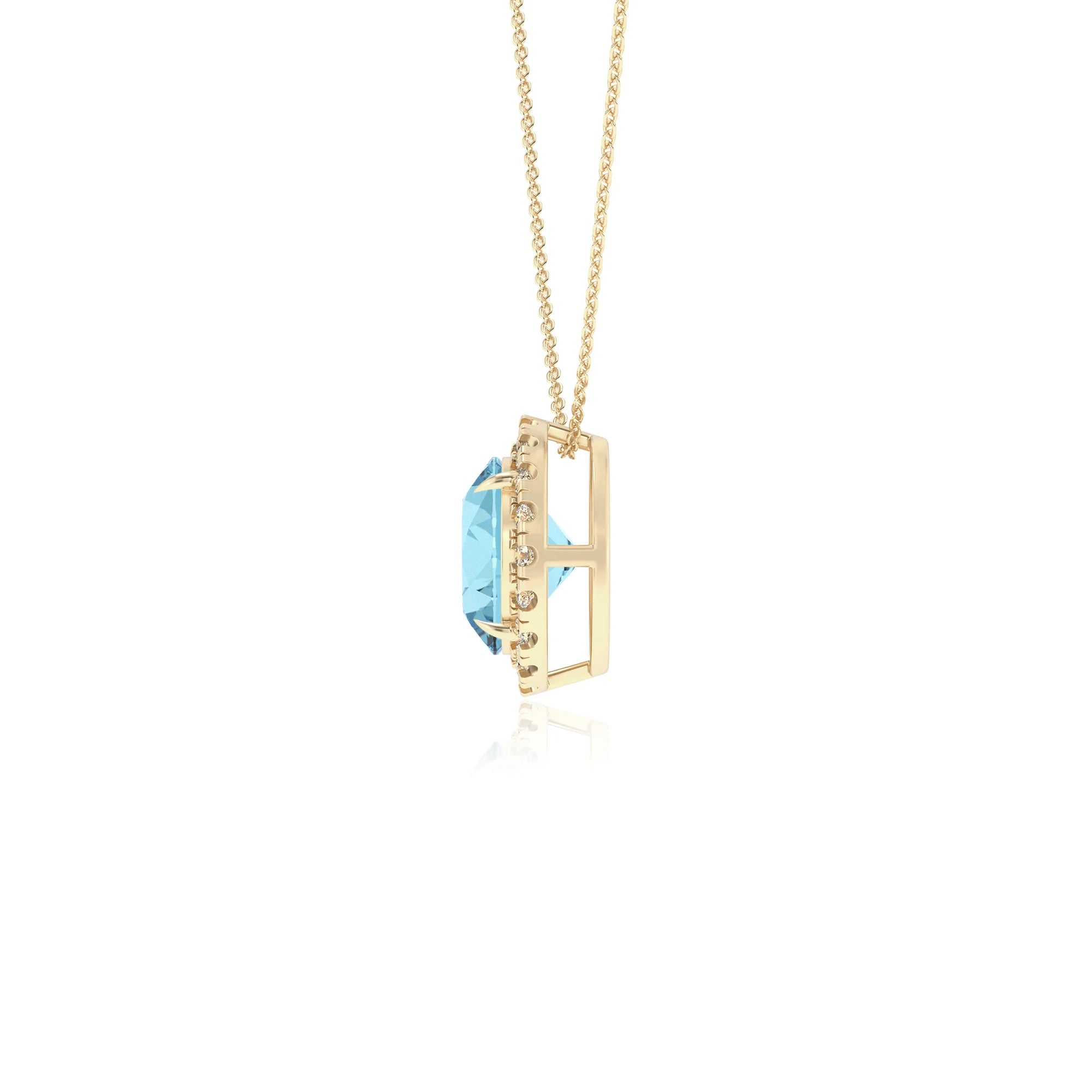 lab grown aquamarine round solitaire necklaces in yellow gold
