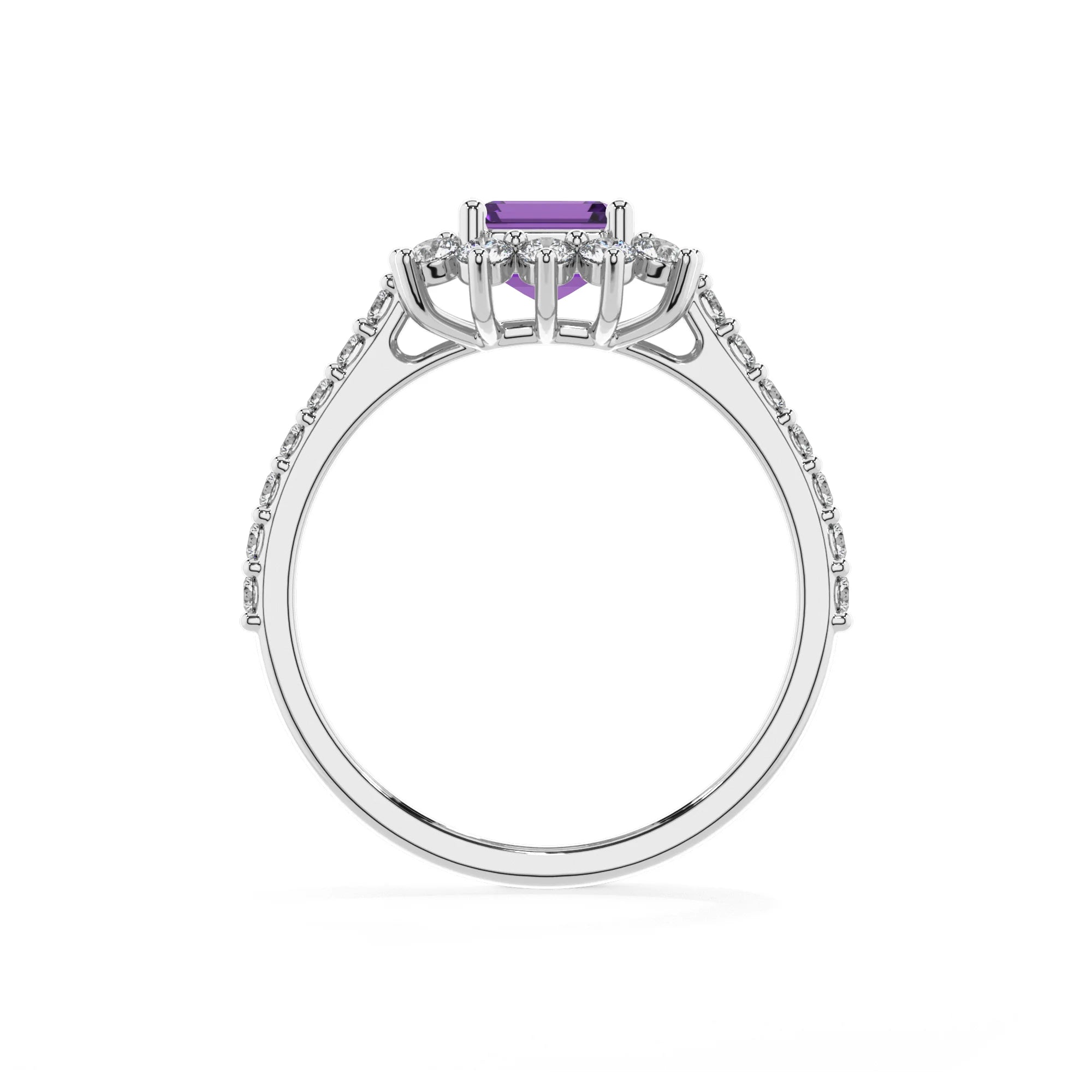 lab grown amethyst emerald cut solitaire rings in platinum