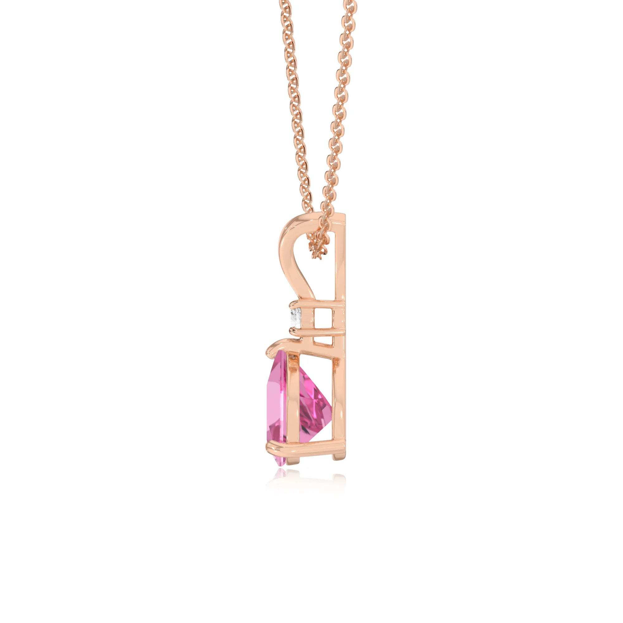 lab grown pink-sapphire trillion solitaire v-bale necklaces in rose gold