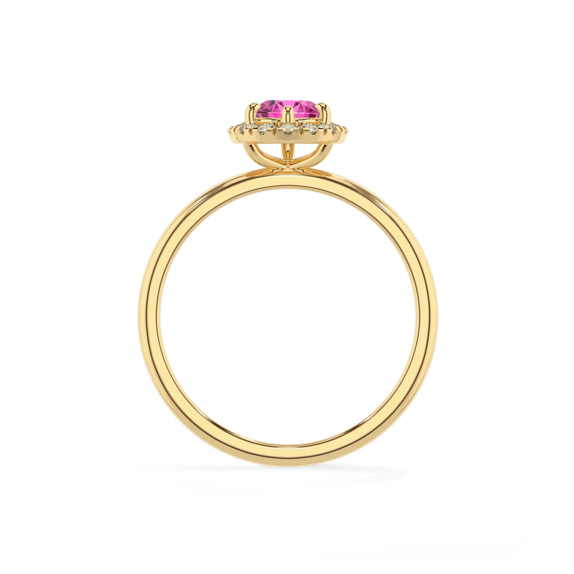 lab grown pink-sapphire pear solitaire rings in yellow gold