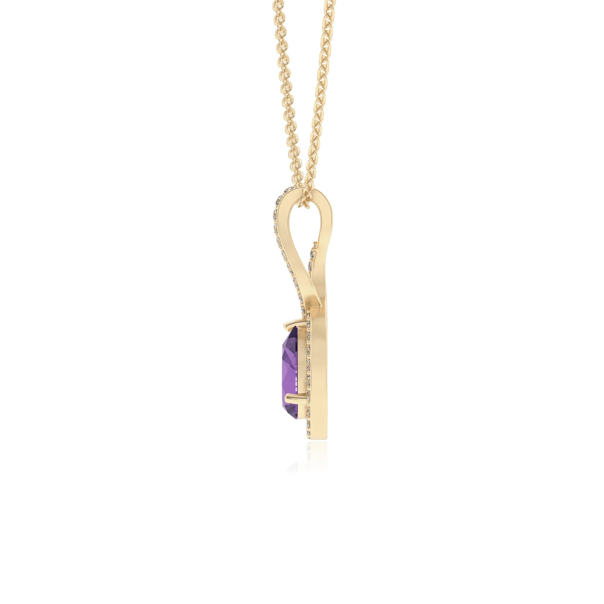 lab grown amethyst pear necklaces in yellow gold