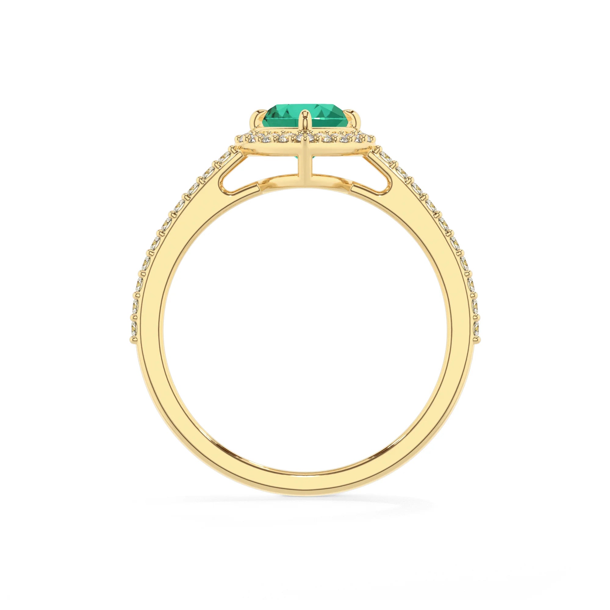 lab grown emerald heart solitaire rings in yellow gold
