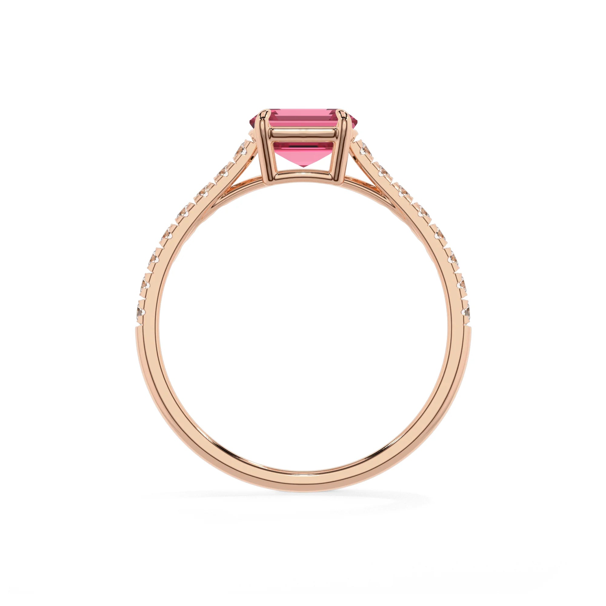 lab grown pink-tourmaline emerald cut half eternity solitaire engagement rings in rose gold