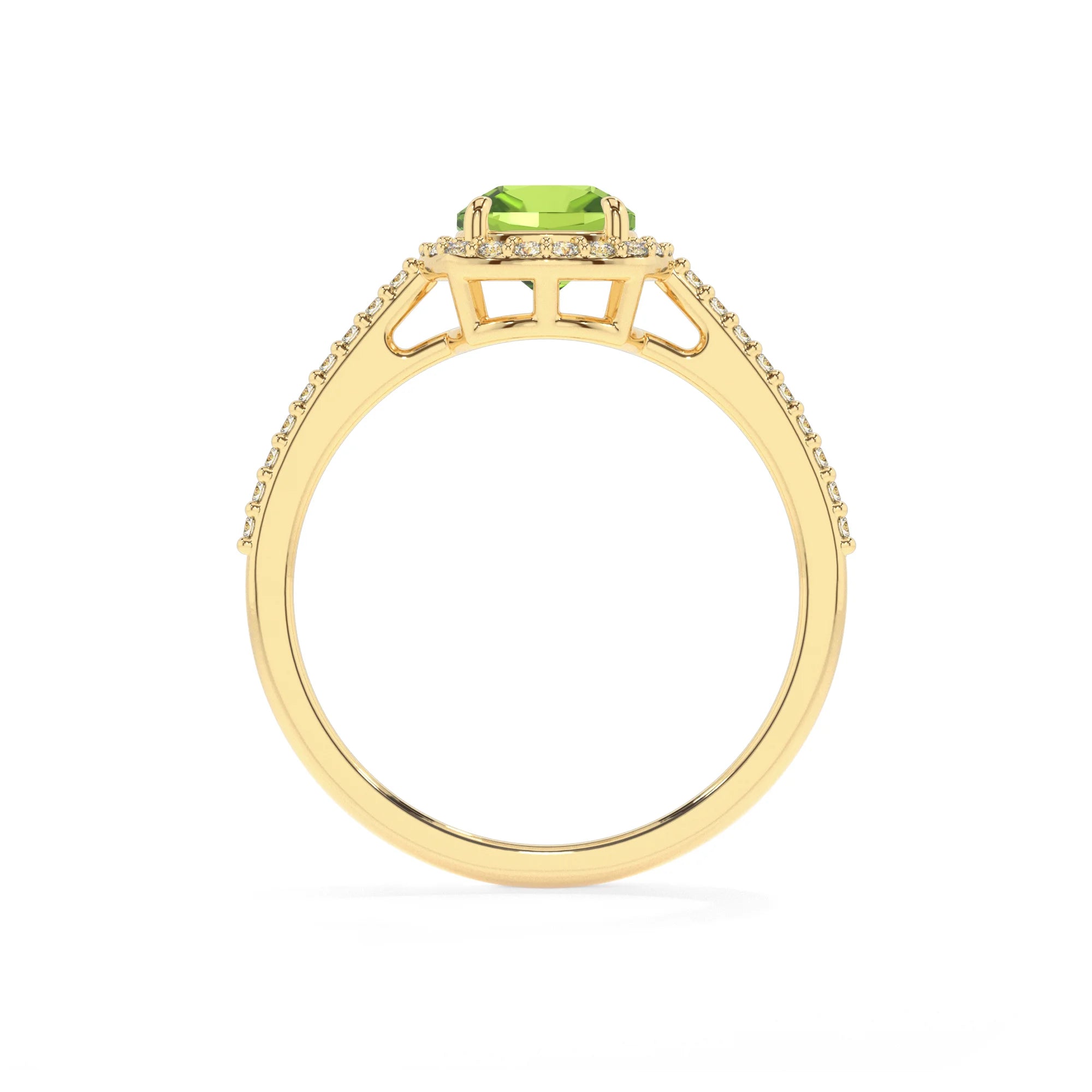 natural peridot cushion solitaire rings in yellow gold
