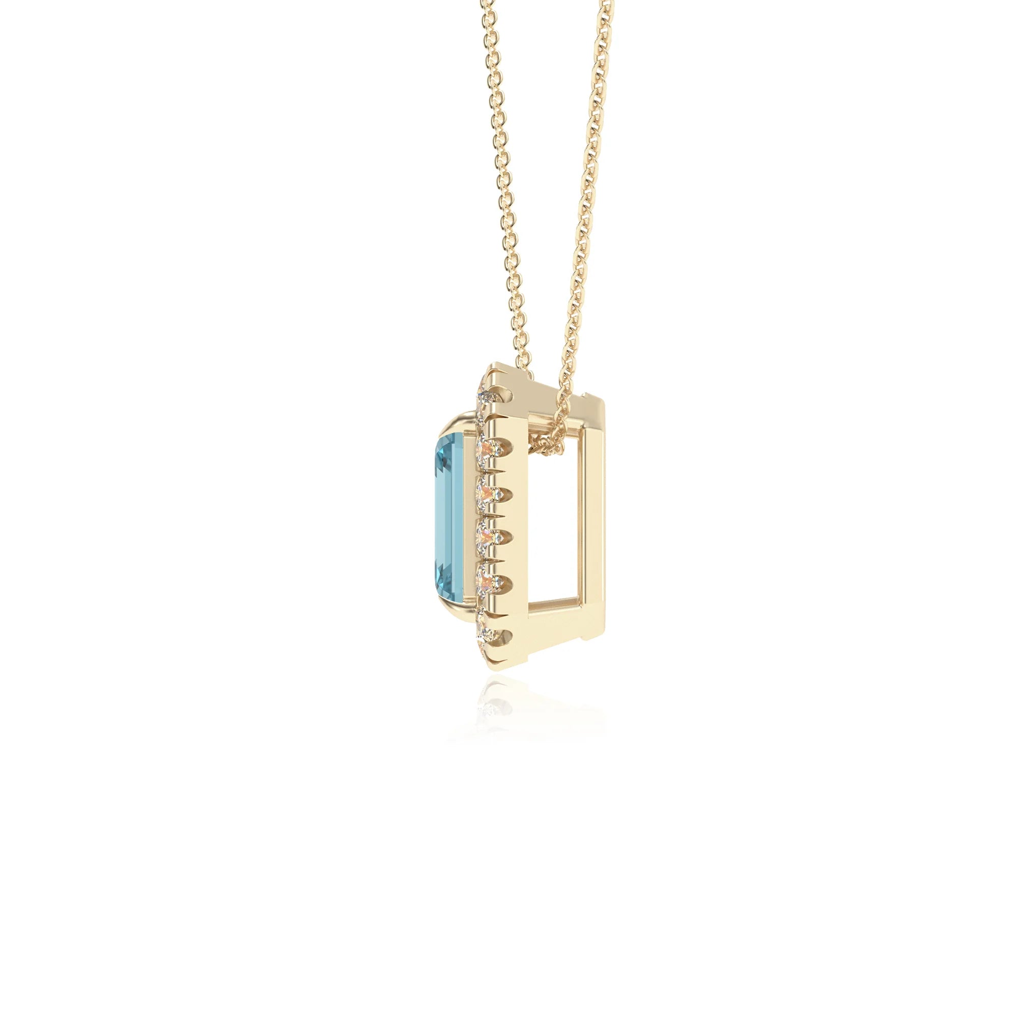 lab grown aquamarine emerald cut solitaire necklaces in yellow gold