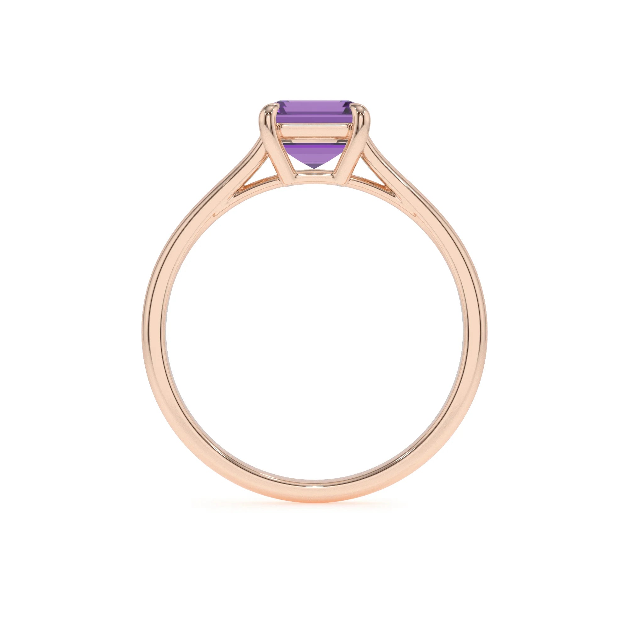 lab grown amethyst emerald cut solitaire rings in rose gold
