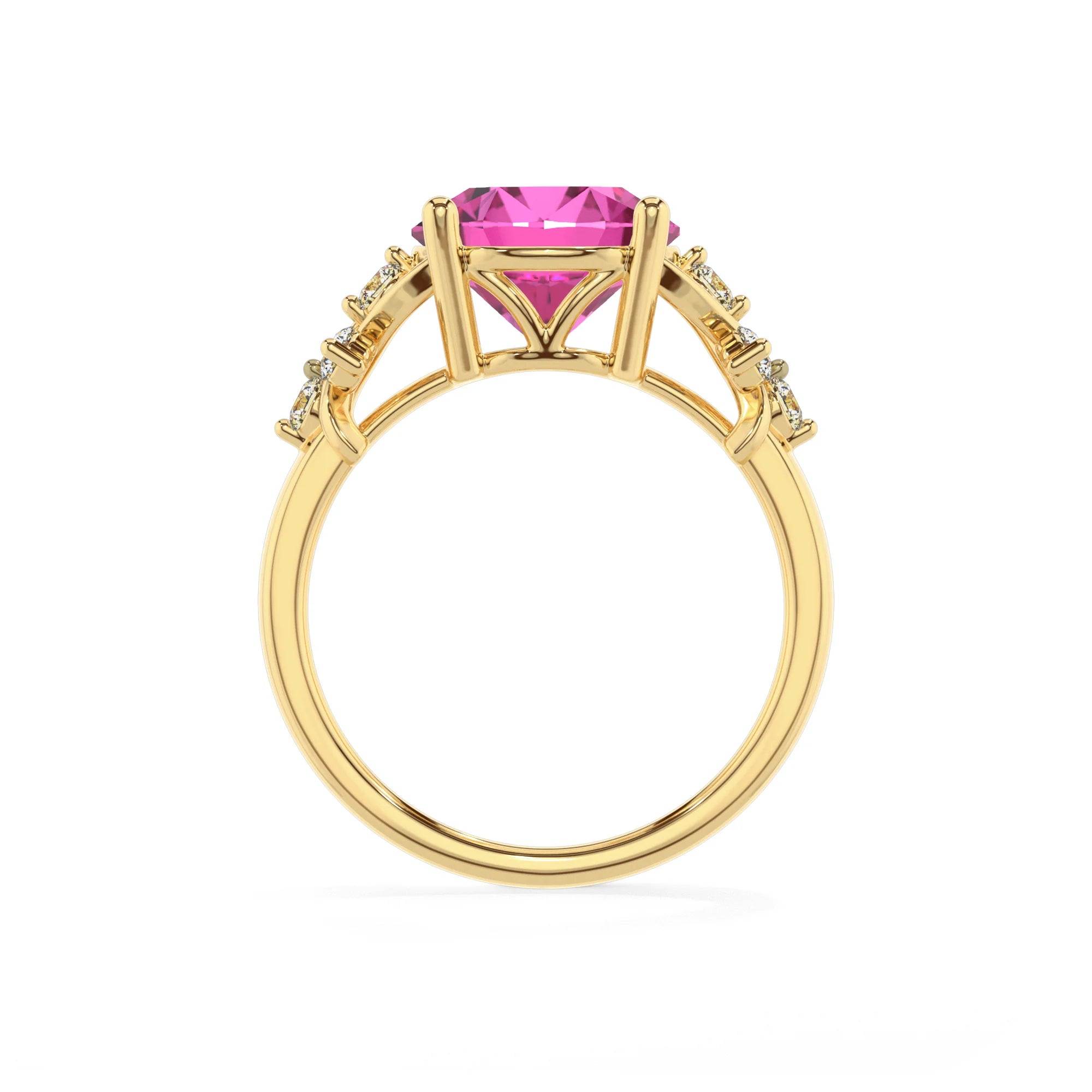 lab grown pink-sapphire round solitaire rings in yellow gold
