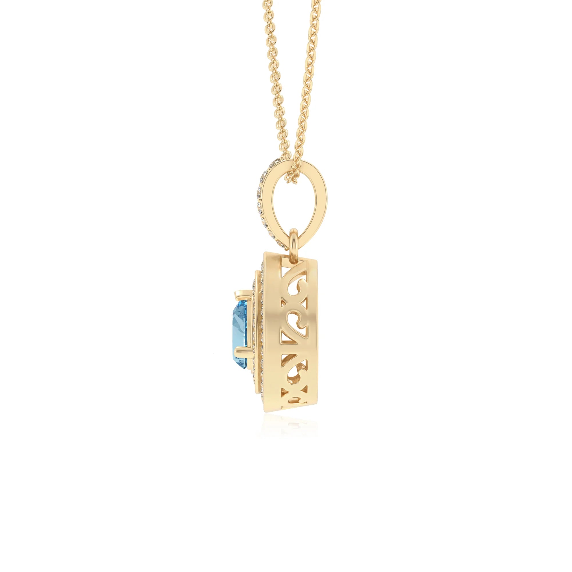 lab grown aquamarine pear halo necklaces in yellow gold
