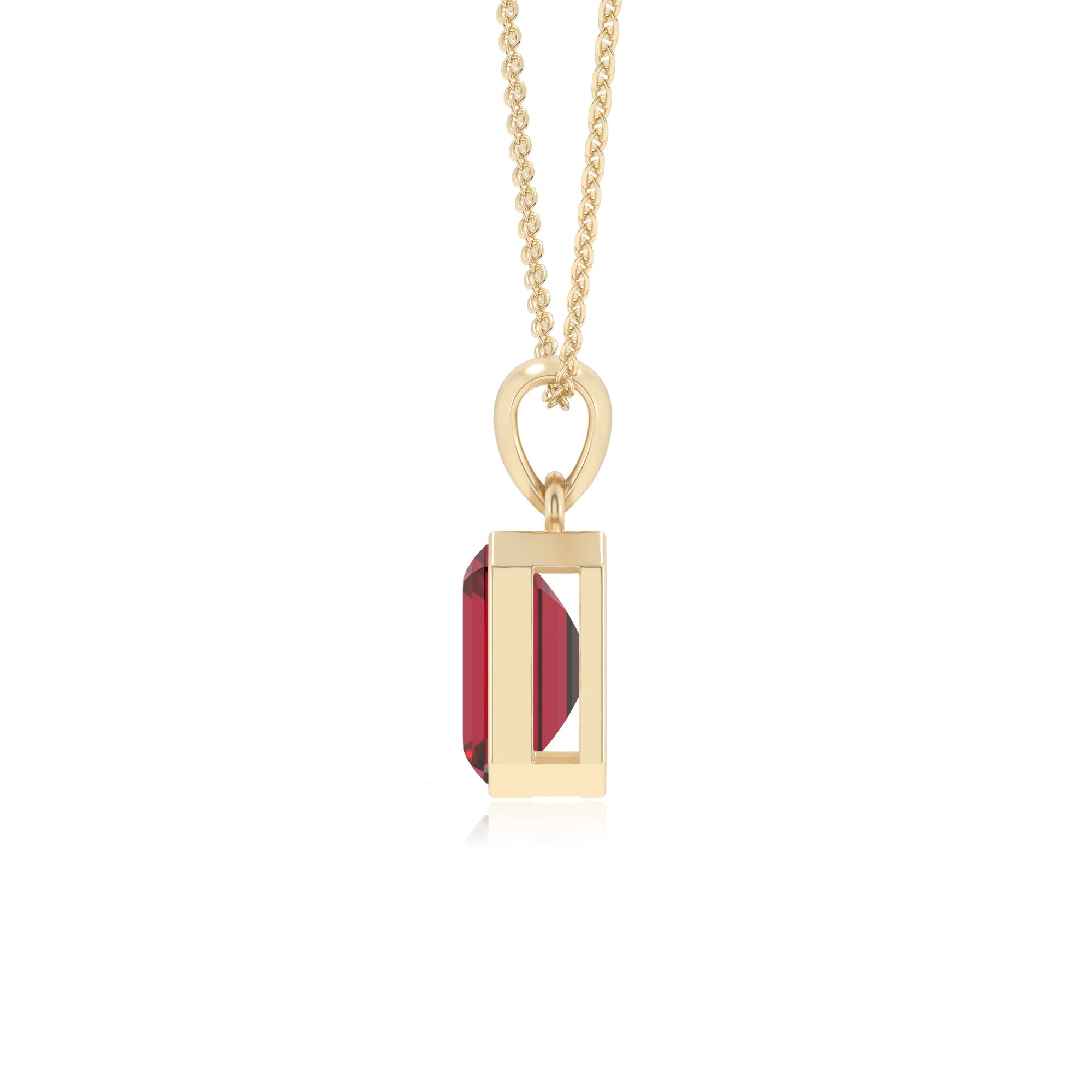 lab grown ruby emerald cut solitaire necklaces in yellow gold