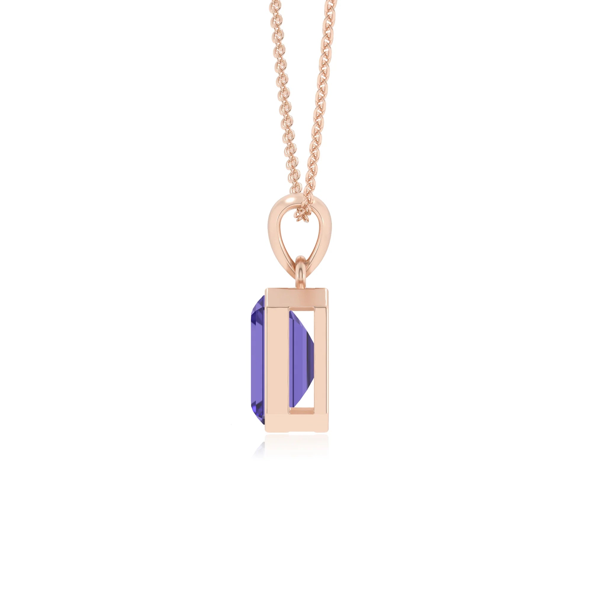 lab grown tanzanite emerald cut solitaire necklaces in rose gold