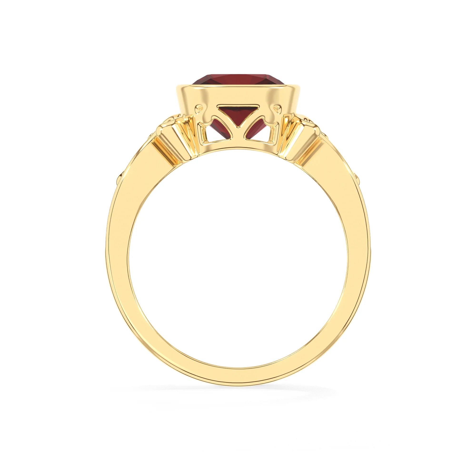 natural garnet cushion solitaire rings in yellow gold