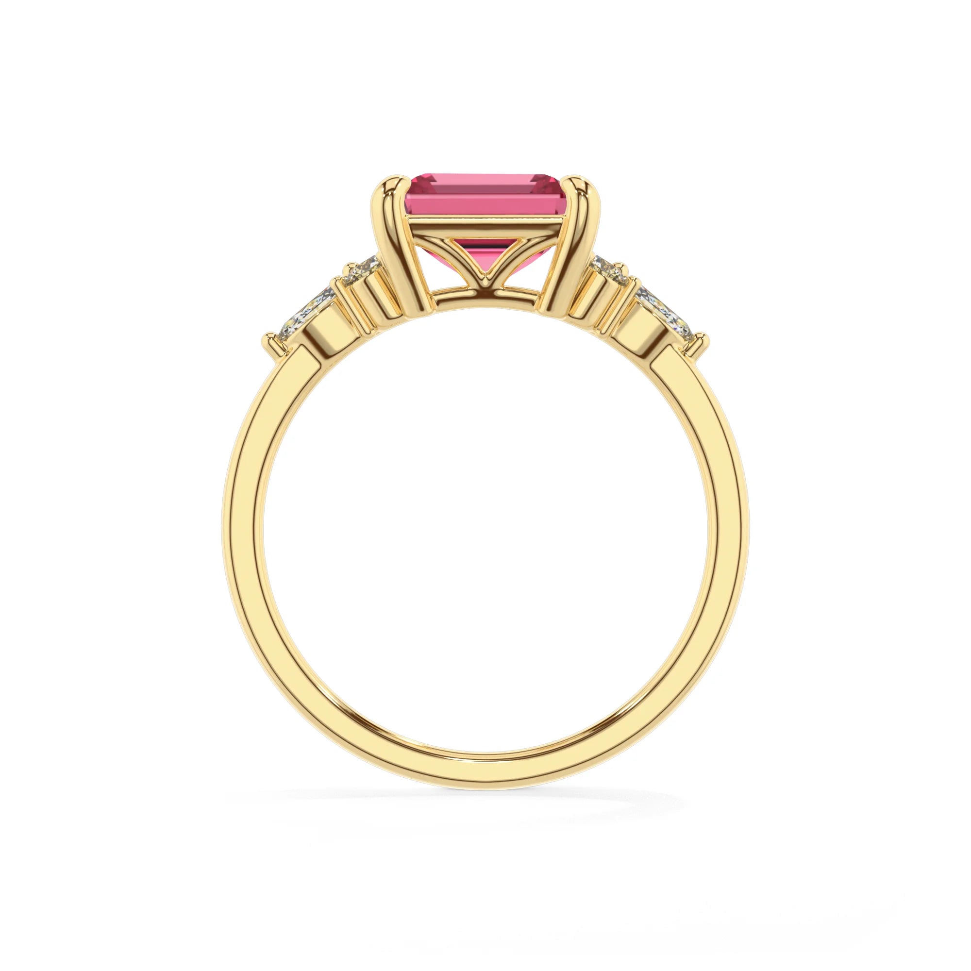 lab grown pink-tourmaline emerald cut solitaire rings in yellow gold