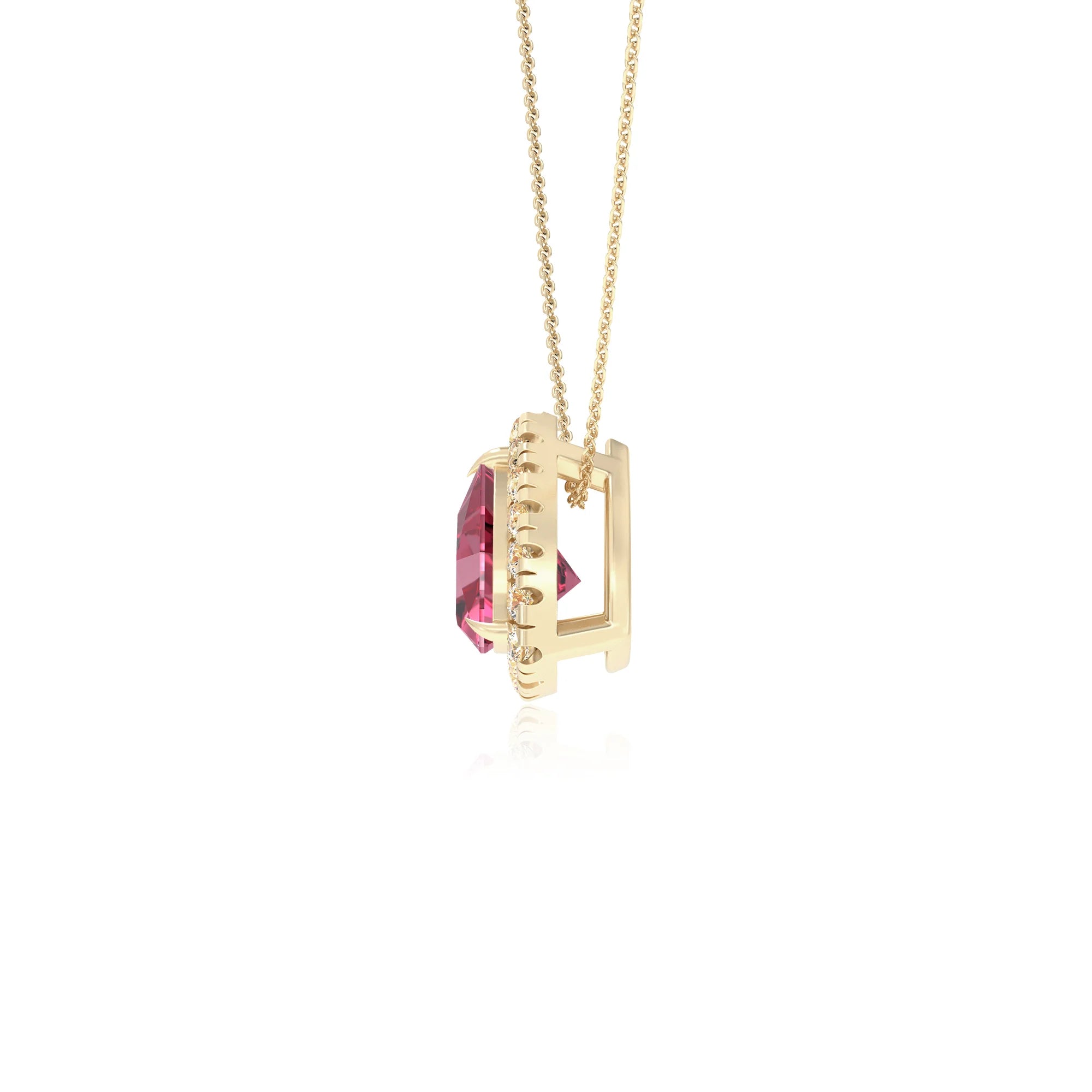 lab grown pink tourmaline trillion solitaire necklaces in yellow gold