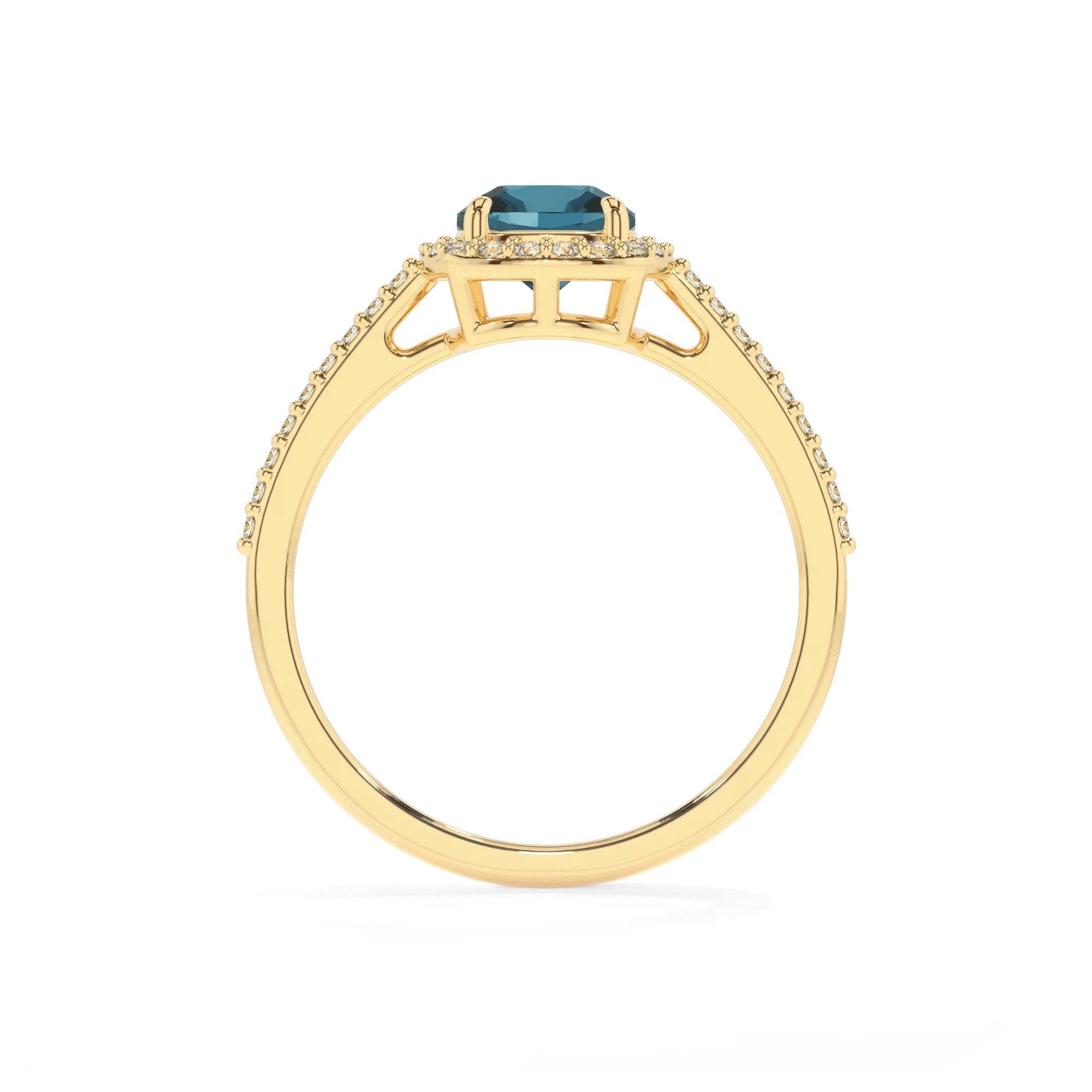 natural london-blue-topaz cushion solitaire rings in yellow gold