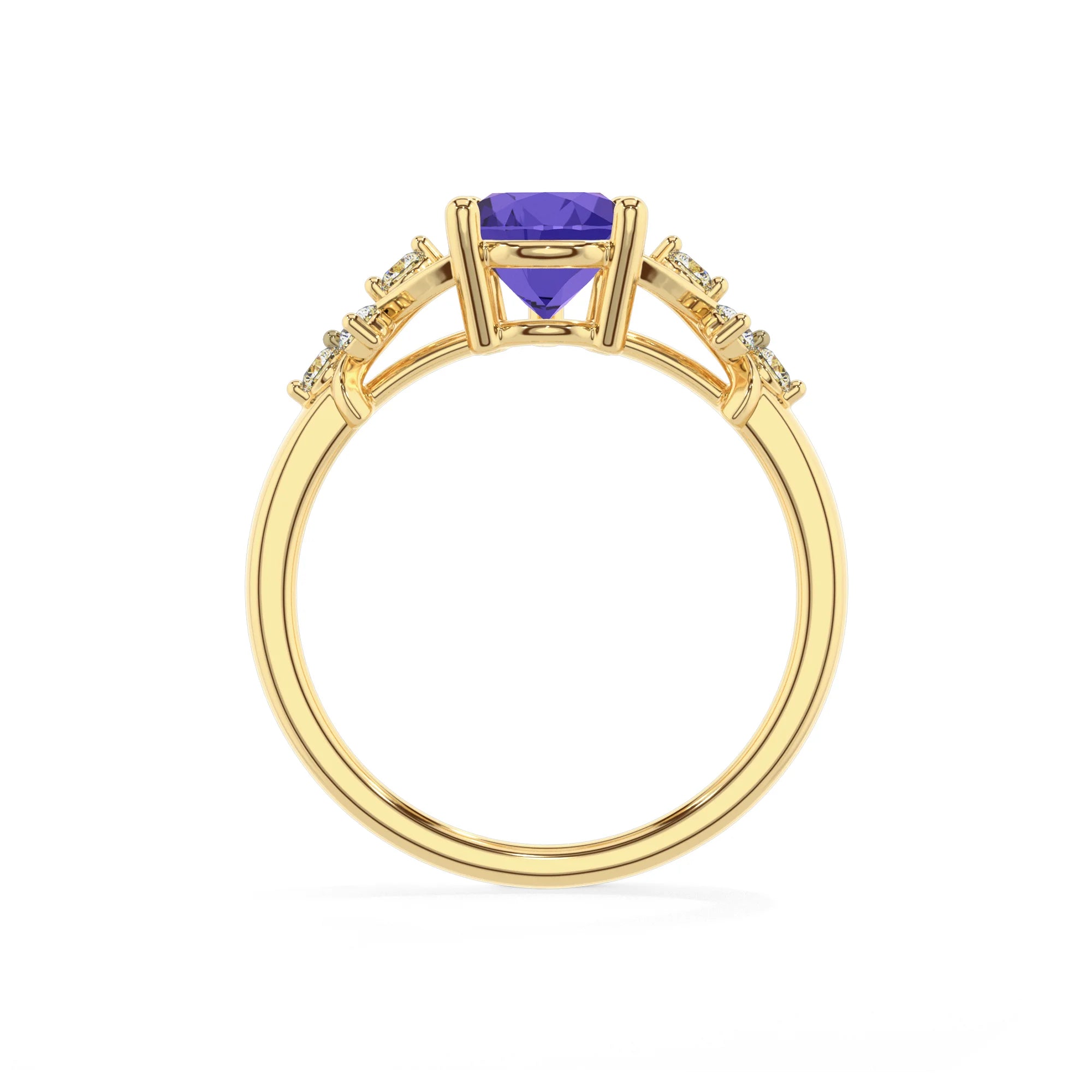 lab grown tanzanite pear solitaire rings in yellow gold