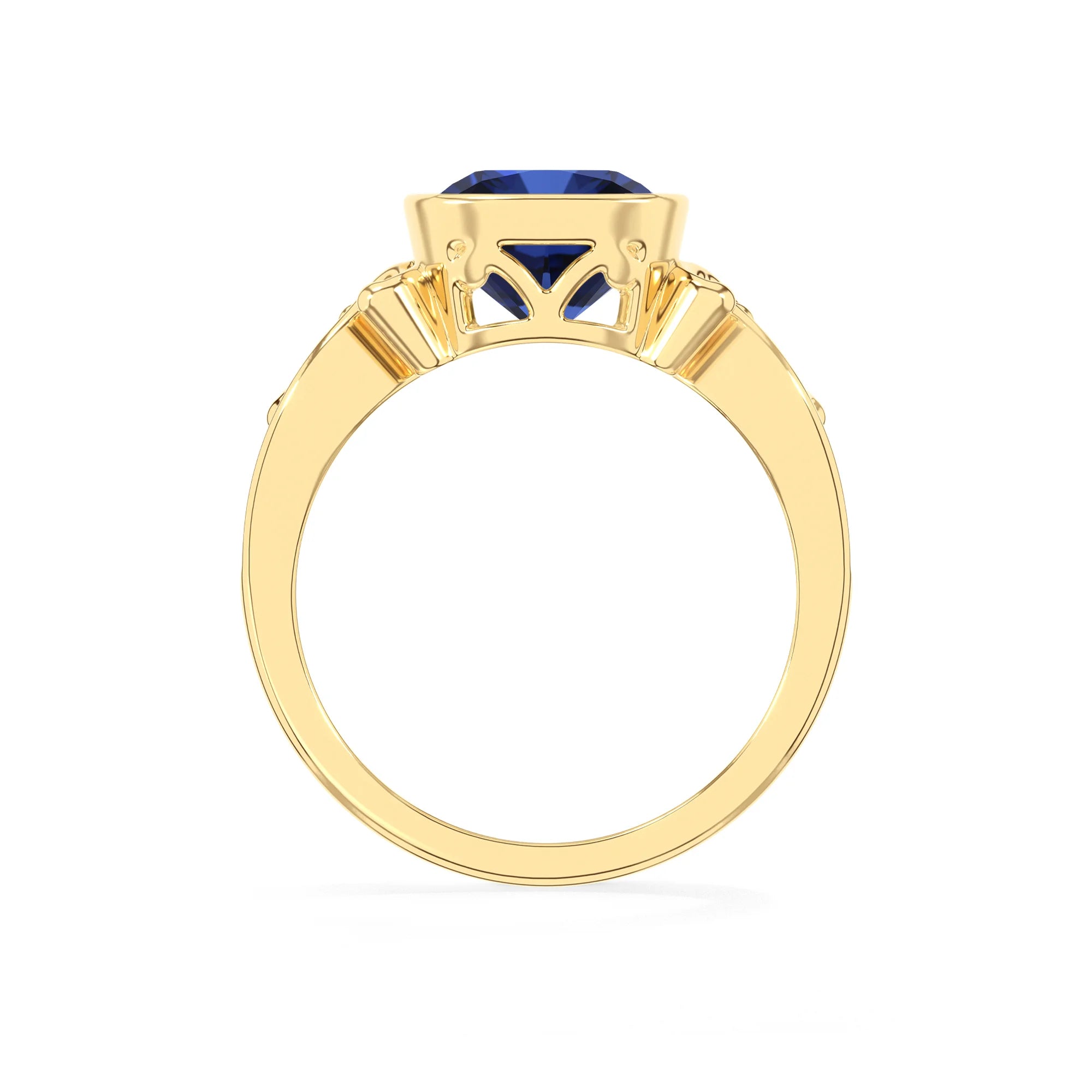 lab grown blue-sapphire cushion solitaire rings in yellow gold
