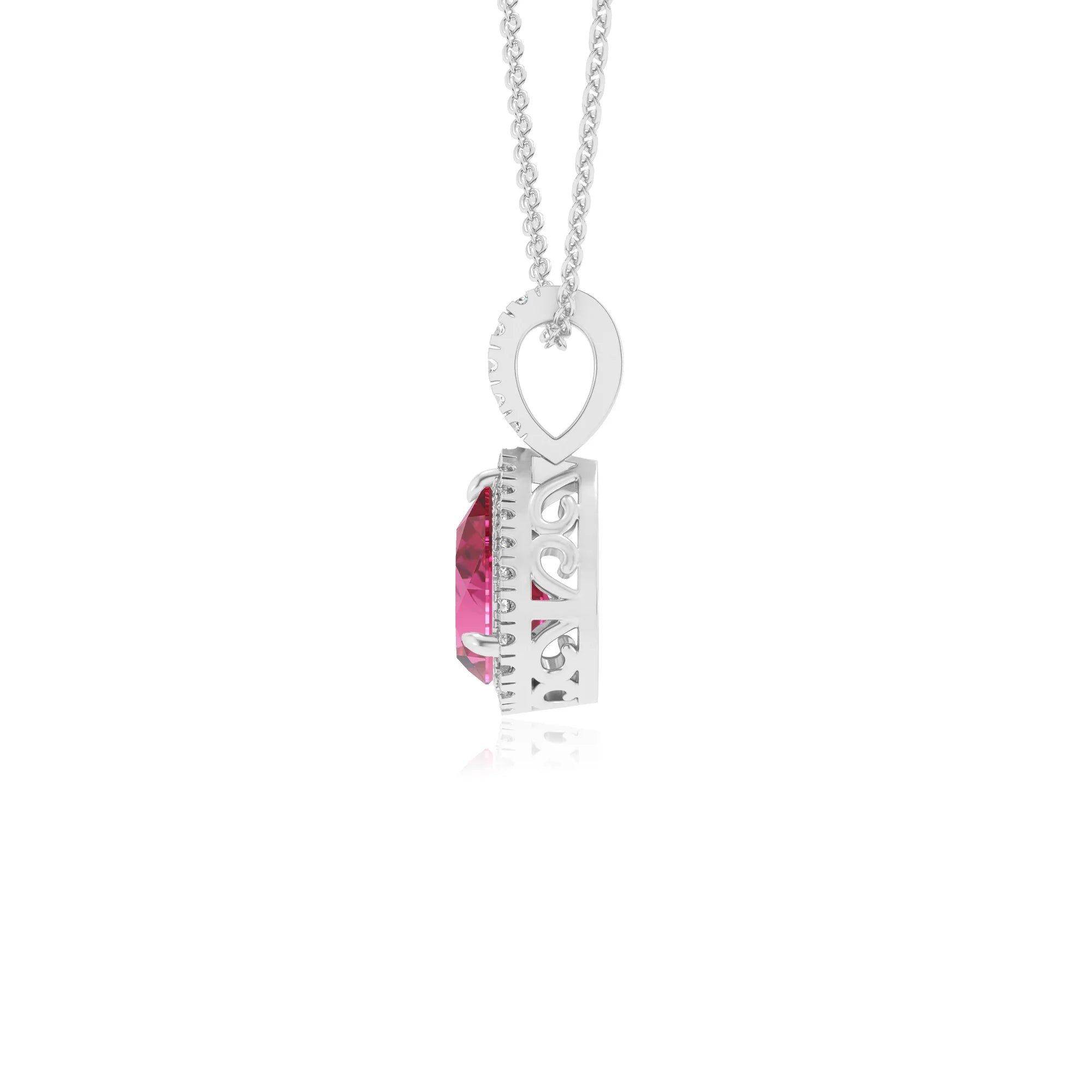 lab grown pink-sapphire pear solitaire necklaces in white gold