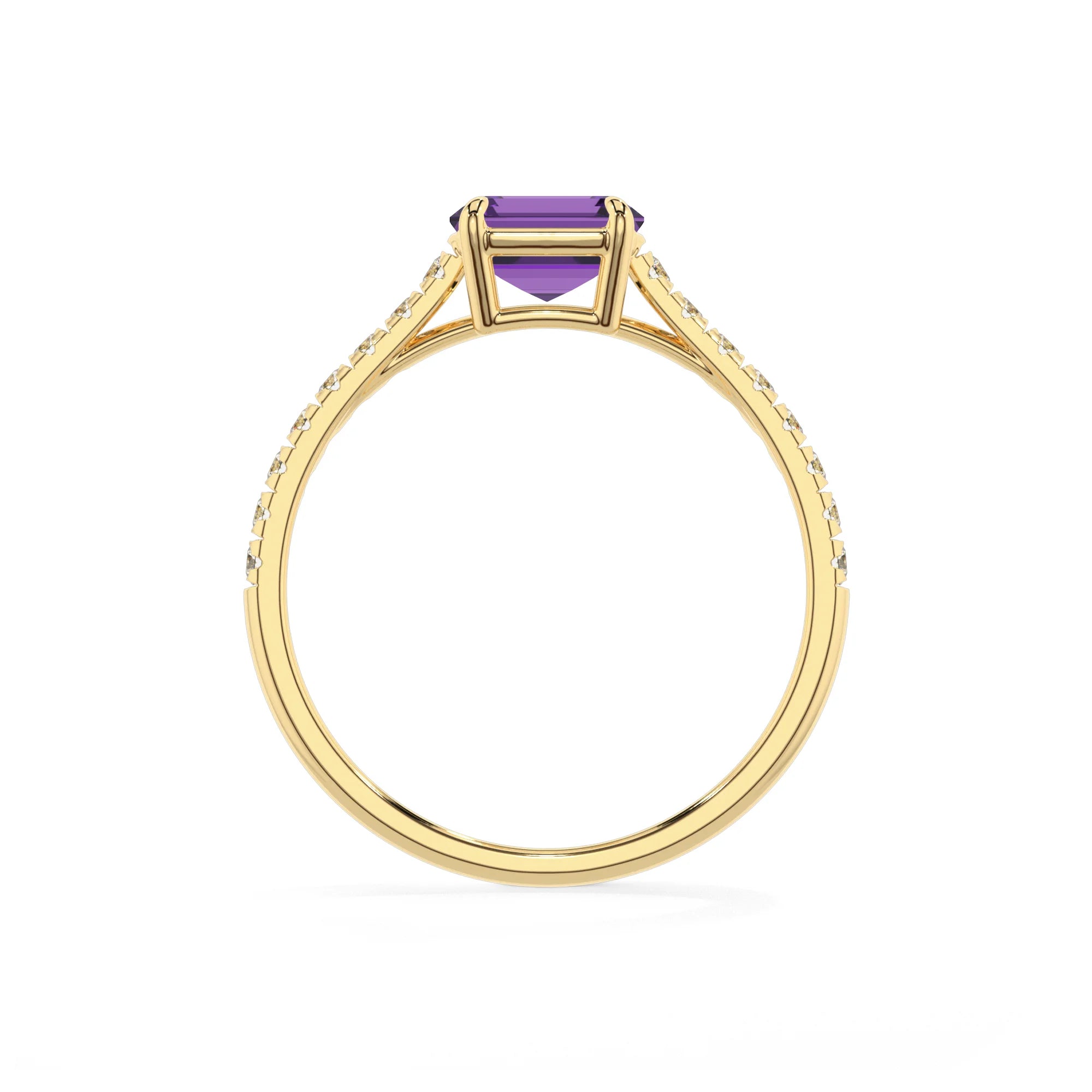 lab grown amethyst emerald cut half eternity solitaire engagement rings in yellow gold